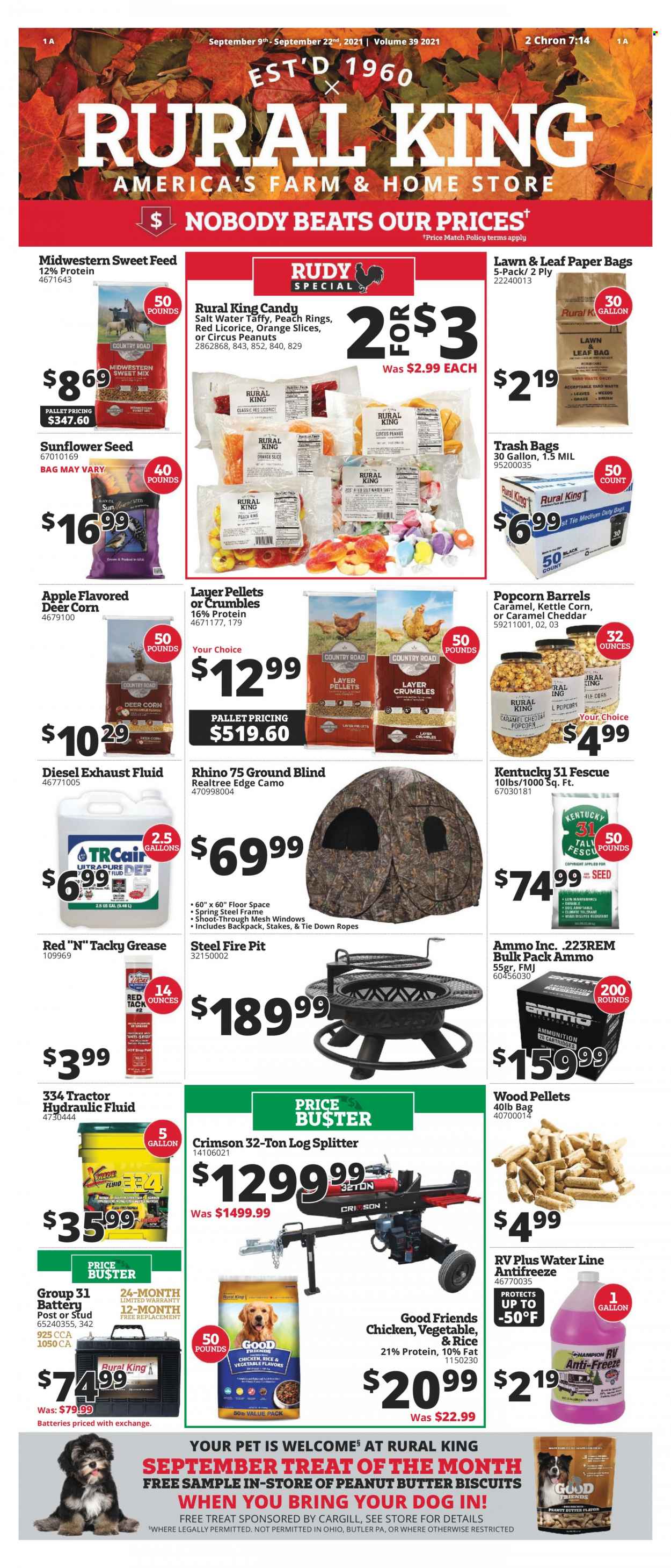 thumbnail - Rural King Flyer - 09/09/2021 - 09/22/2021 - Sales products - biscuit, kettle corn, popcorn, rice, peanut butter, peanuts, trash bags, gallon, plant seeds, Apple, hub blind, tractor, Rhino, log splitter, antifreeze, hydraulic fluids, exhaust fluid. Page 1.