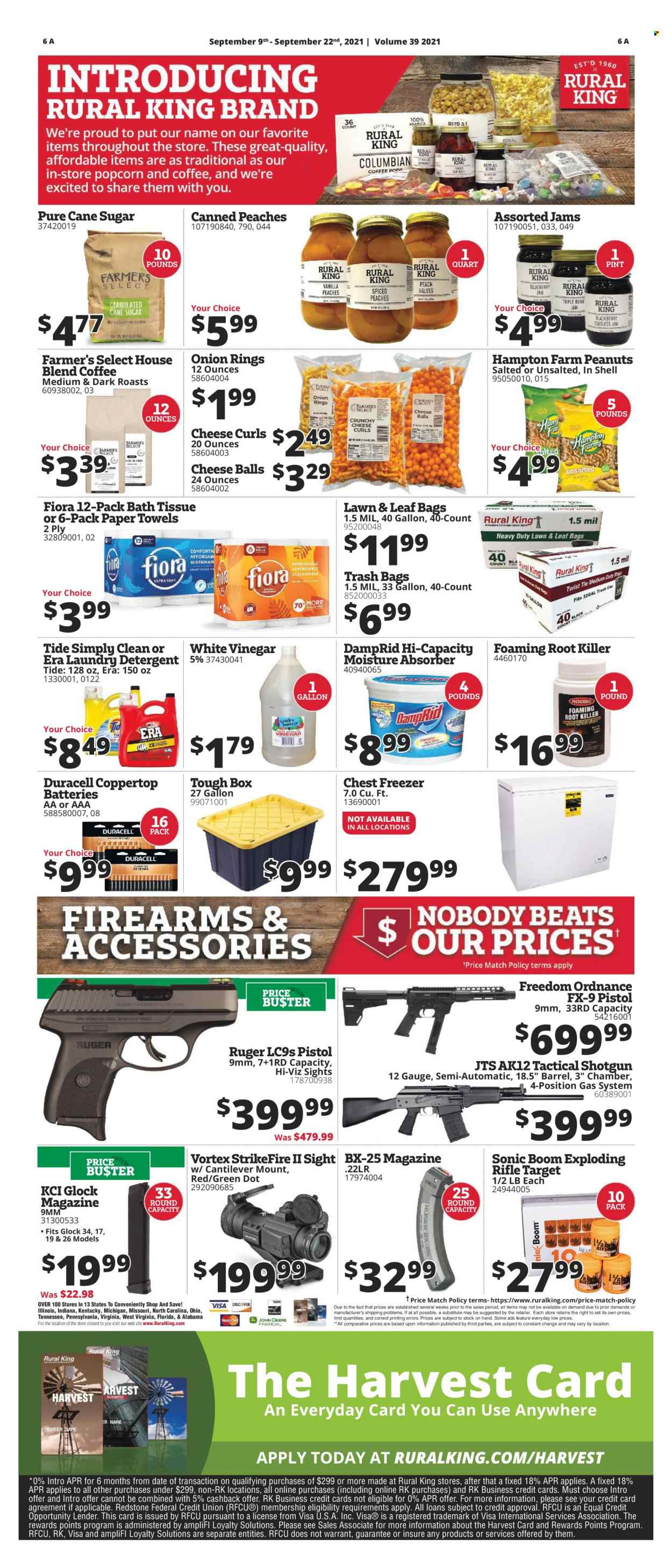 thumbnail - Rural King Flyer - 09/09/2021 - 09/22/2021 - Sales products - onion rings, cane sugar, sugar, vinegar, peanuts, coffee, Tide, laundry detergent, trash bags, Target, battery, Duracell, kitchen towels, freezer, chest freezer, glock, Ruger, shotgun, pistol, Shell. Page 6.