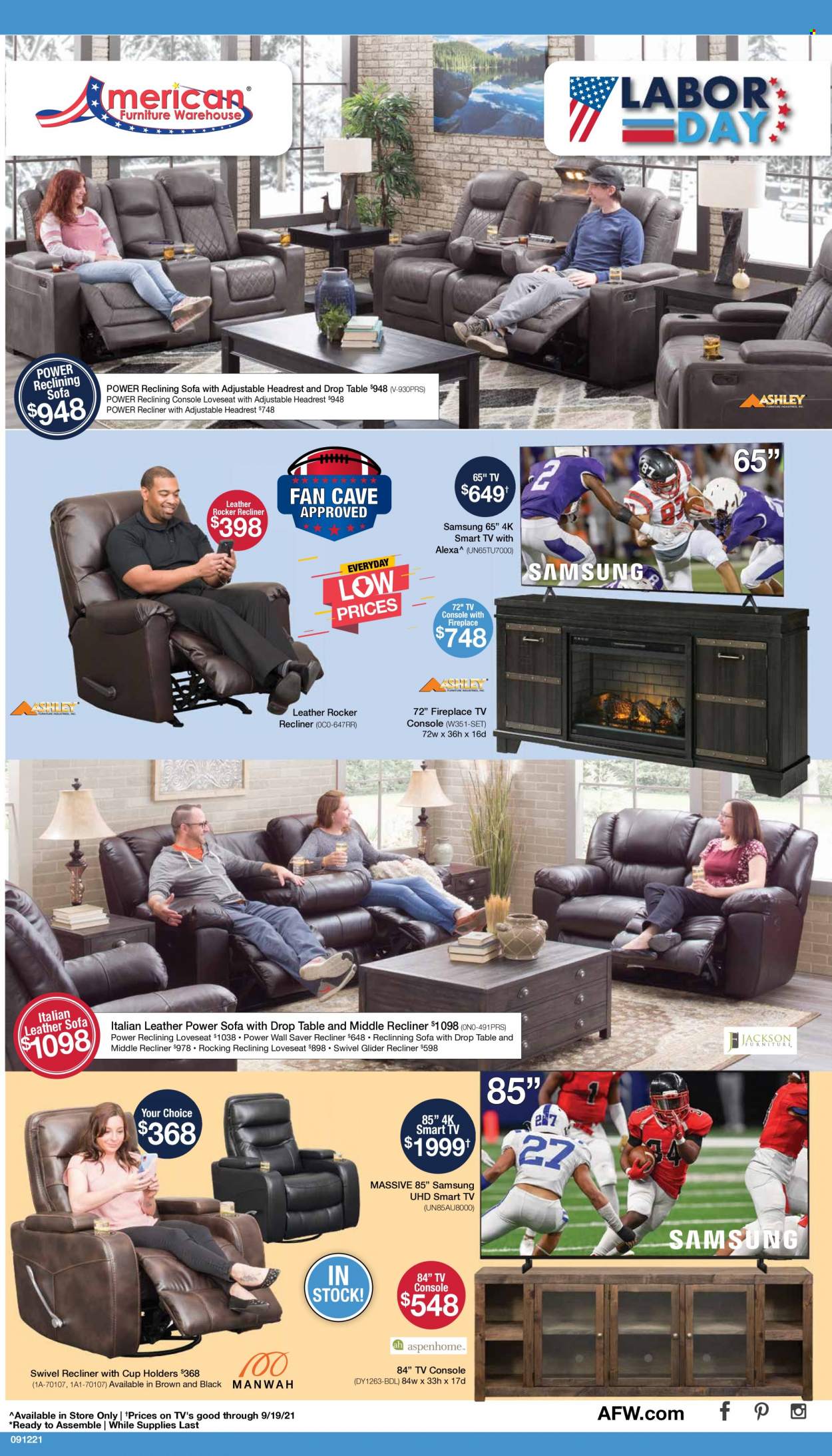 thumbnail - American Furniture Warehouse Flyer - 09/12/2021 - 09/19/2021 - Sales products - table, loveseat, sofa, recliner chair, tv console, mattress. Page 1.