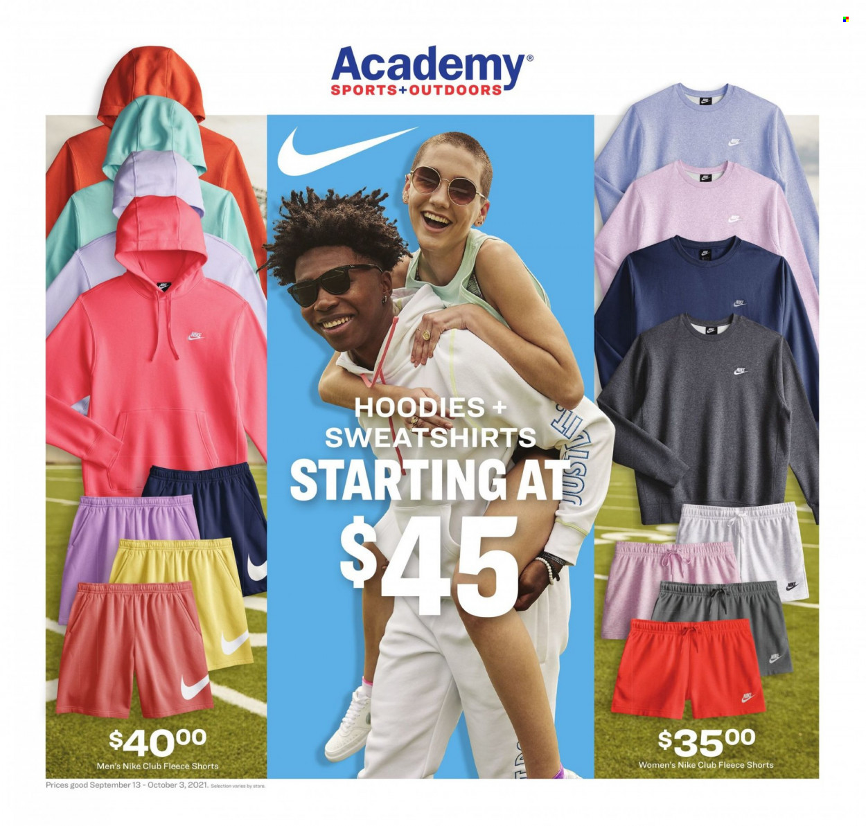 thumbnail - Academy Sports + Outdoors Flyer - 09/13/2021 - 10/03/2021 - Sales products - Nike, shorts, sweatshirt, hoodie. Page 1.