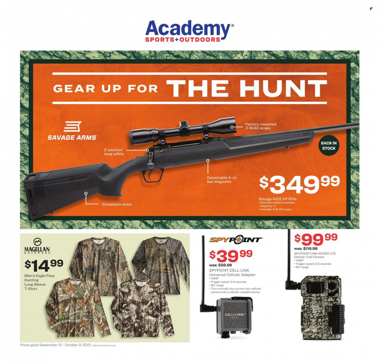 thumbnail - Academy Sports + Outdoors Flyer - 09/13/2021 - 10/03/2021 - Sales products - t-shirt, Magellan, trail cam, savage, scope. Page 1.