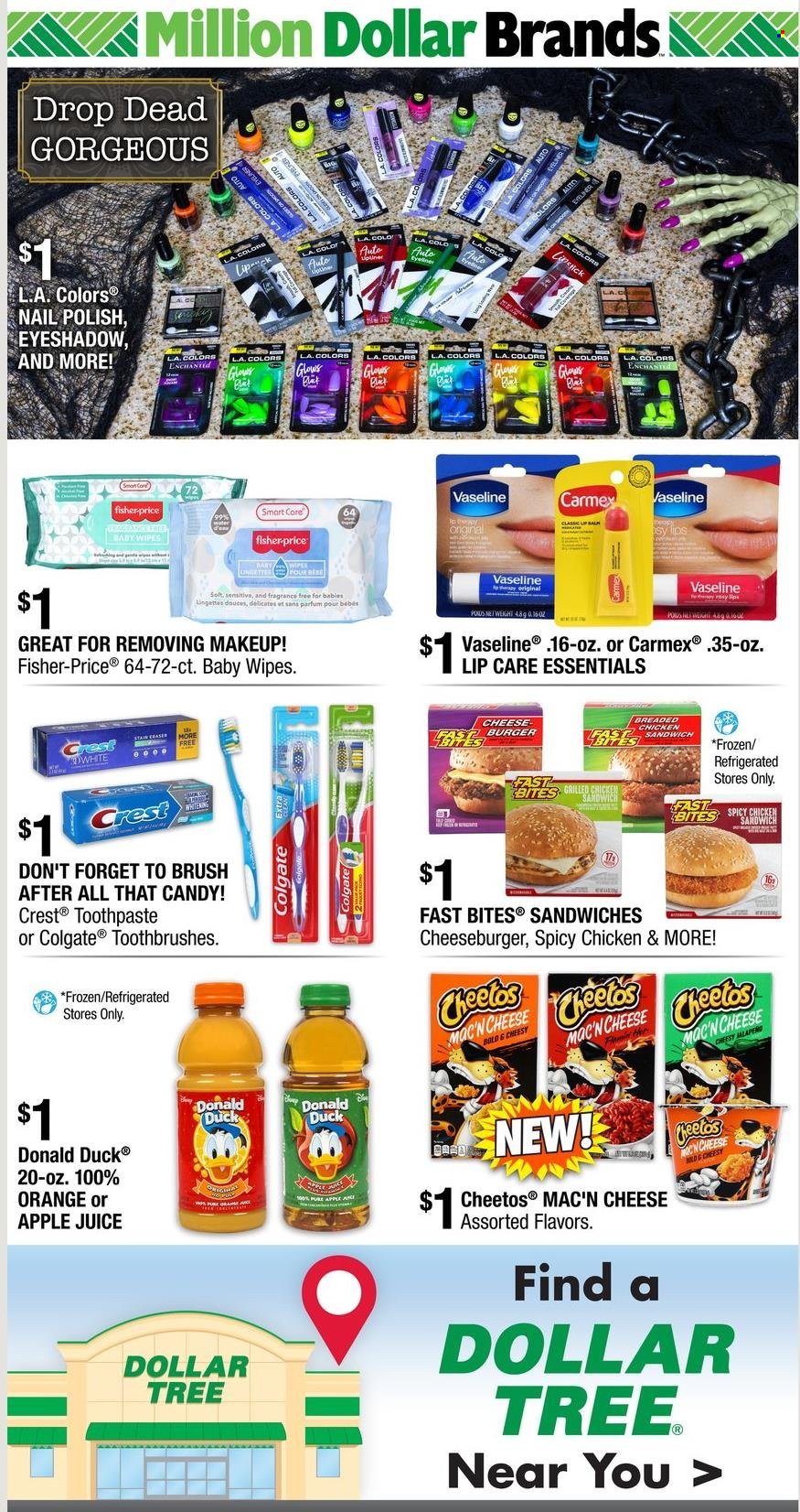 thumbnail - Dollar Tree Flyer - 09/12/2021 - 09/25/2021 - Sales products - oranges, sandwich, hamburger, cheeseburger, fried chicken, cheese, Cheetos, apple juice, juice, wipes, baby wipes, Vaseline, Colgate, toothpaste, Crest, polish, eyeshadow, makeup, Fisher-Price. Page 14.