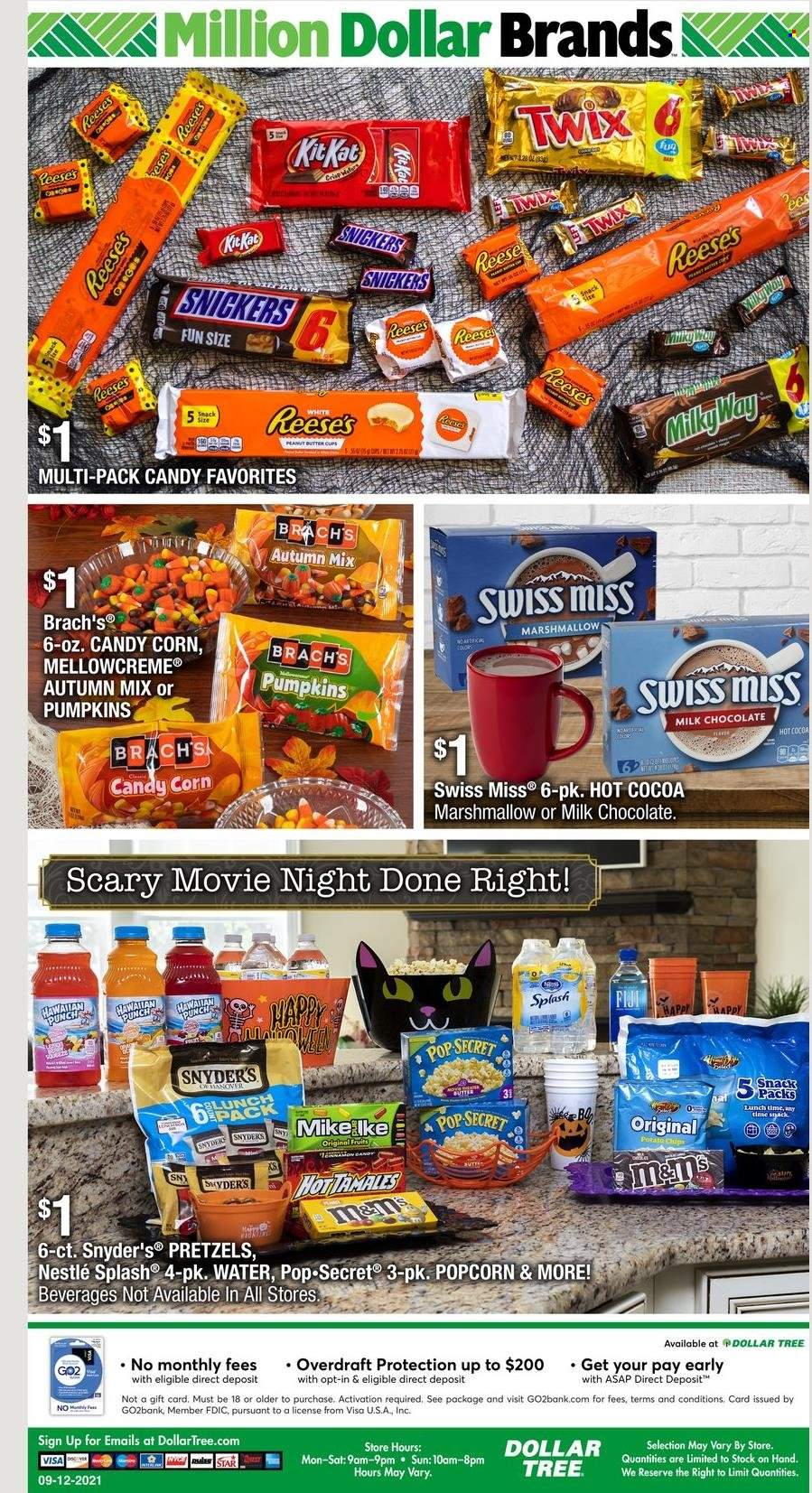 thumbnail - Dollar Tree Flyer - 09/12/2021 - 09/25/2021 - Sales products - pretzels, corn, pumpkin, Swiss Miss, butter, Reese's, marshmallows, milk chocolate, Nestlé, chocolate, snack, Milky Way, Snickers, Twix, KitKat, popcorn, hot cocoa, punch. Page 15.