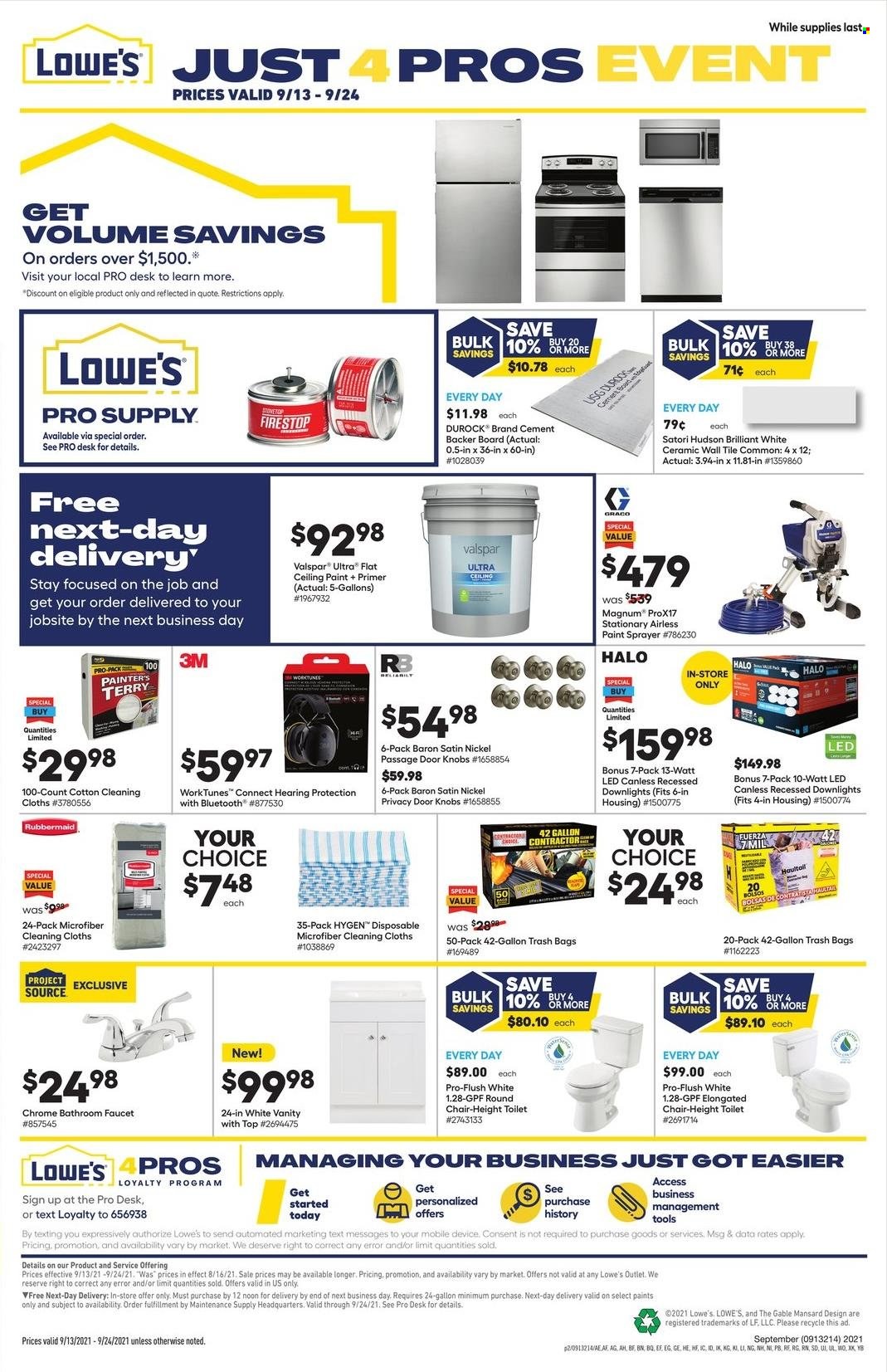thumbnail - Lowe's Flyer - 09/13/2021 - 09/24/2021 - Sales products - toilet, faucet, bag, trash bags, vanity, paint sprayer, paint, hearing protection, sprayer, Valspar. Page 2.