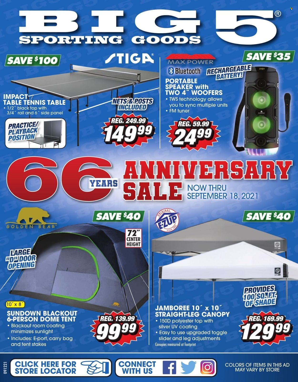 thumbnail - Big 5 Flyer - 09/12/2021 - 09/18/2021 - Sales products - speaker, carry bag, Stiga, table tennis table, tent, blackout. Page 1.