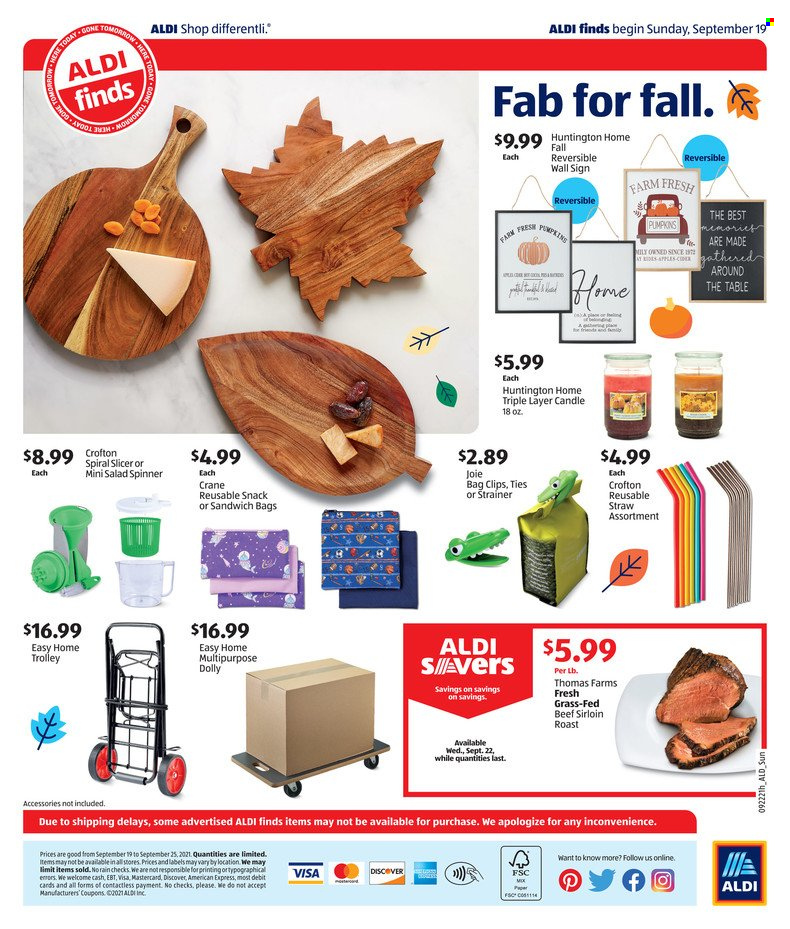 thumbnail - ALDI Flyer - 09/19/2021 - 09/25/2021 - Sales products - pumpkin, snack, beef meat, beef sirloin, Fab, trolley, slicer, bag clips, straw, paper, candle, Joie. Page 2.