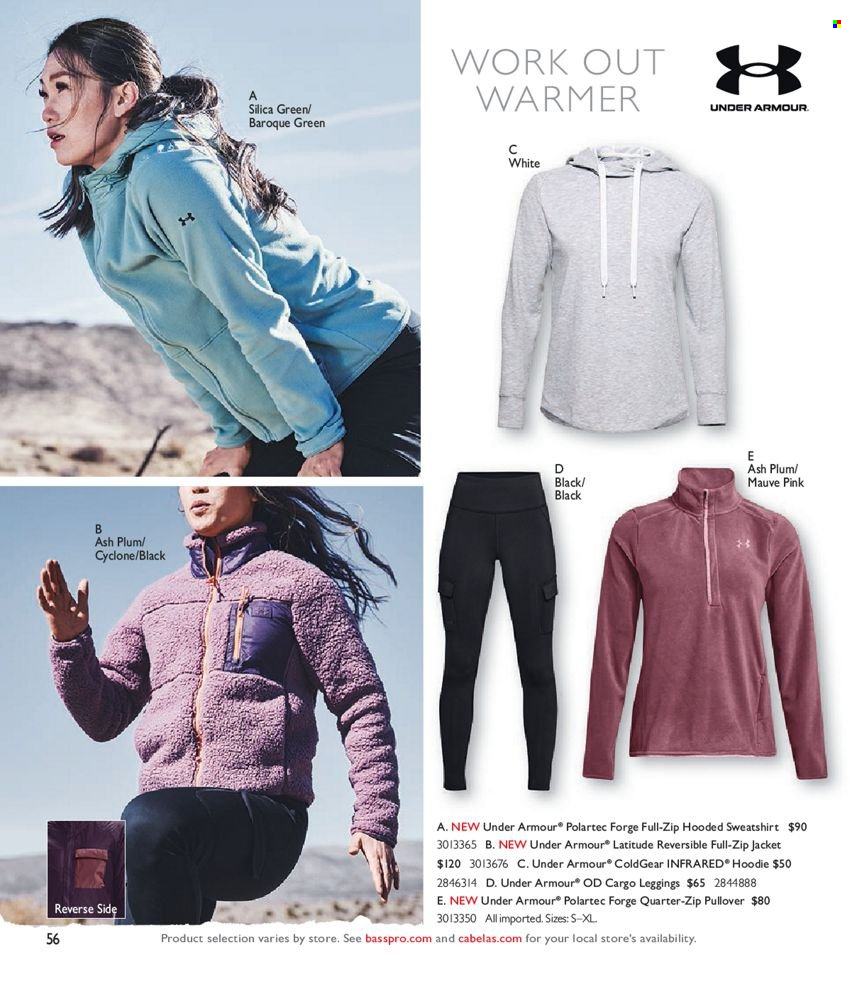 thumbnail - Bass Pro Shops Flyer - Sales products - Under Armour, jacket, sweatshirt, hoodie, pullover, leggings. Page 56.