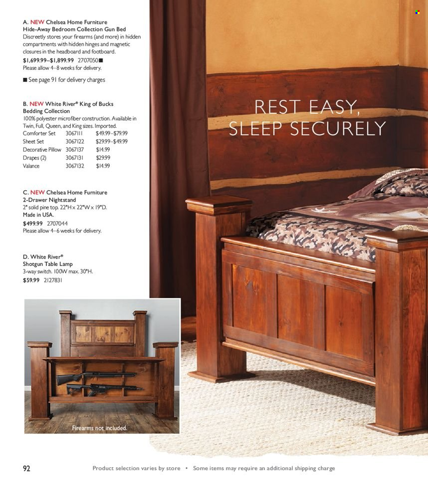 thumbnail - Bass Pro Shops Flyer - Sales products - bedding, comforter, pillow, bed, headboard, nightstand, shotgun, gun, lamp, table lamp. Page 92.