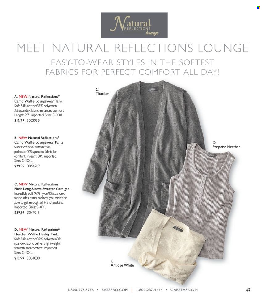 thumbnail - Cabela's Flyer - Sales products - tank, loungewear, pants, cardigan, sweater. Page 47.