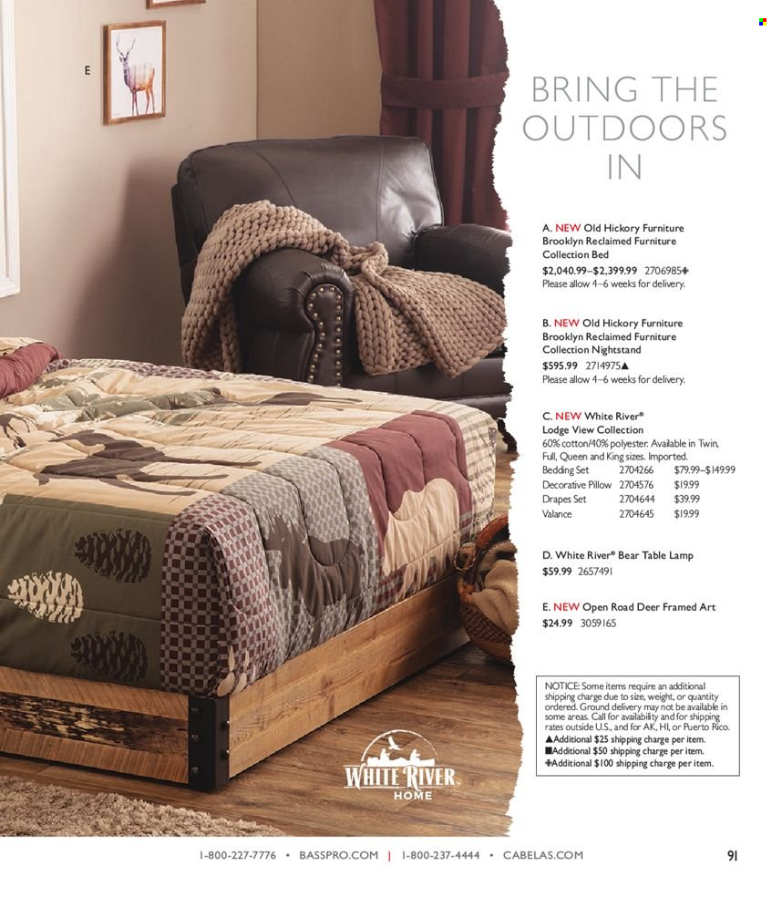 thumbnail - Cabela's Flyer - Sales products - bedding, pillow, bed, nightstand, lamp, table lamp. Page 91.