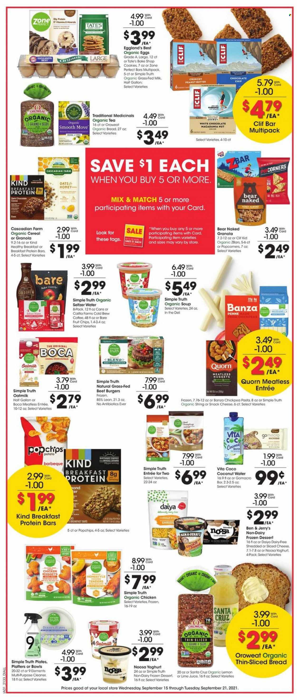 thumbnail - Baker's Flyer - 09/15/2021 - 09/21/2021 - Sales products - soup, nuggets, hamburger, pasta, chicken nuggets, beef burger, sliced cheese, cheese, yoghurt, milk, oat milk, eggs, Ben & Jerry's, cookies, white chocolate, dark chocolate, cocoa, oats, cereals, granola, protein bar, Zone Perfect, honey, peanut butter, coconut water, seltzer water, tea, coffee, plate, dinner plate. Page 3.