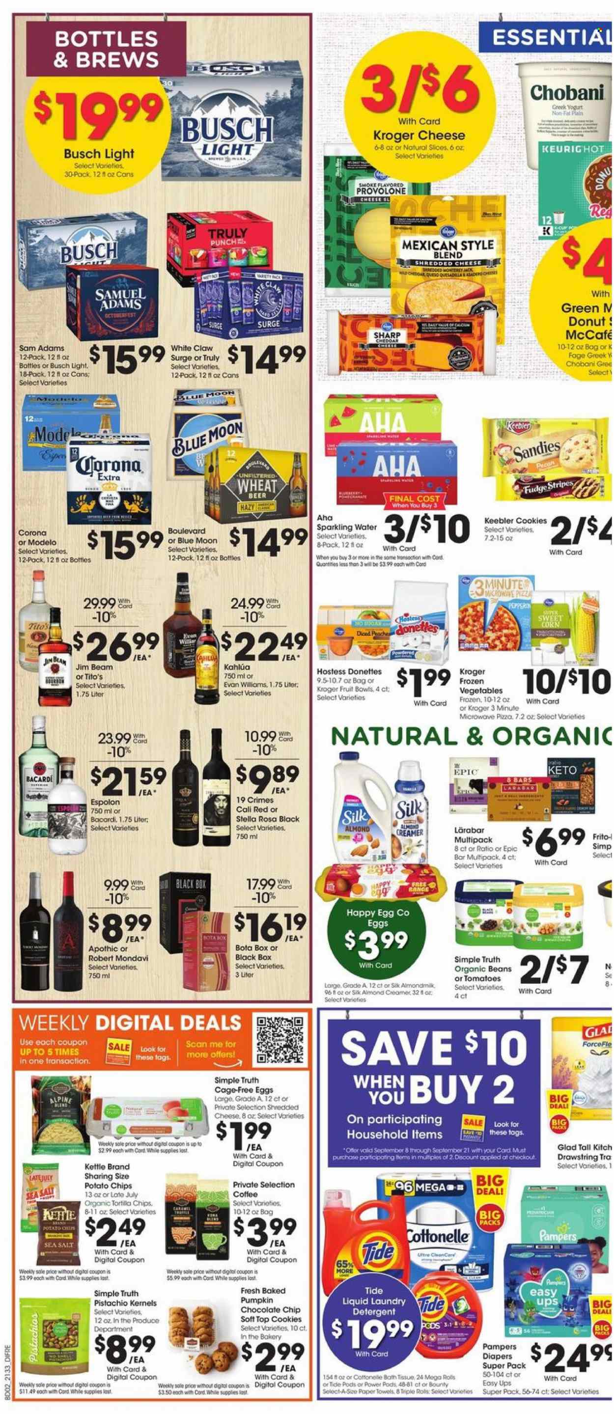 thumbnail - Baker's Flyer - 09/15/2021 - 09/21/2021 - Sales products - corn, pumpkin, sweet corn, pizza, shredded cheese, Provolone, greek yoghurt, yoghurt, Chobani, almond milk, Silk, eggs, cage free eggs, creamer, almond creamer, cookies, fudge, Bounty, Keebler, tortilla chips, potato chips, pistachios, sparkling water, coffee, Kahlúa, McCafe, Bacardi, Jim Beam, White Claw, TRULY, beer, Busch, Corona Extra, Modelo, Pampers, nappies, bath tissue, Cottonelle, kitchen towels, paper towels, detergent, Tide, Shell, Blue Moon, peaches. Page 5.