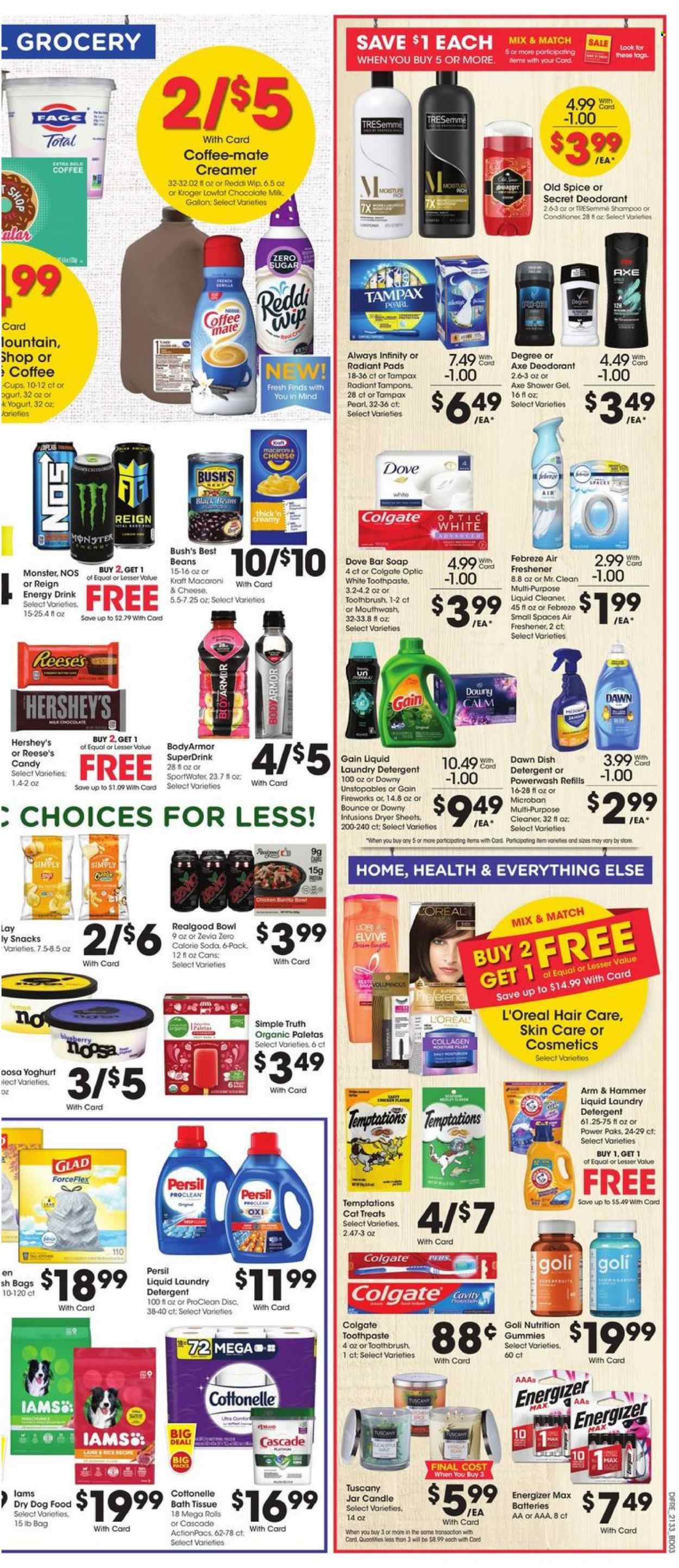 thumbnail - Baker's Flyer - 09/15/2021 - 09/21/2021 - Sales products - macaroni & cheese, burrito, Kraft®, yoghurt, Coffee-Mate, milk, creamer, Reese's, Hershey's, milk chocolate, snack, ARM & HAMMER, black beans, spice, energy drink, Monster, soda, Dove, bath tissue, Cottonelle, detergent, Febreze, Gain, cleaner, liquid cleaner, Cascade, Unstopables, Persil, laundry detergent, dryer sheets, Gain Fireworks, Downy Laundry, shampoo, shower gel, Old Spice, soap bar, soap, Colgate, toothbrush, toothpaste, mouthwash, Tampax, tampons, Always Infinity, L’Oréal, conditioner, TRESemmé, anti-perspirant, deodorant, cup, bowl, candle, air freshener, battery, Energizer, animal food, dog food, dry dog food, Iams. Page 6.