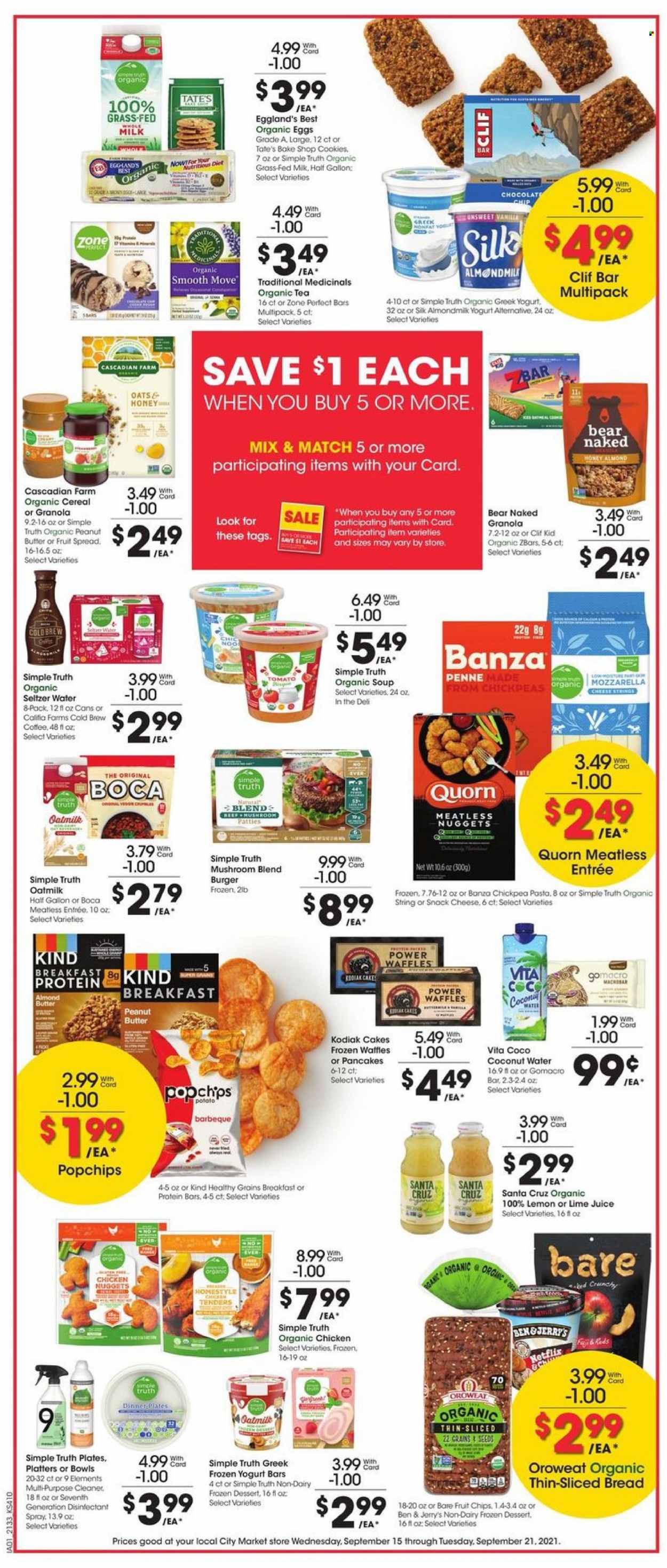 thumbnail - City Market Flyer - 09/15/2021 - 09/21/2021 - Sales products - mushrooms, bread, cake, waffles, soup, nuggets, hamburger, pasta, chicken nuggets, mozzarella, cheese, greek yoghurt, milk, Silk, oat milk, eggs, almond butter, Ben & Jerry's, cookies, cereals, granola, protein bar, Zone Perfect, chickpeas, penne, peanut butter, coconut water, seltzer water, tea, coffee, cleaner, desinfection, plate, dinner plate. Page 3.