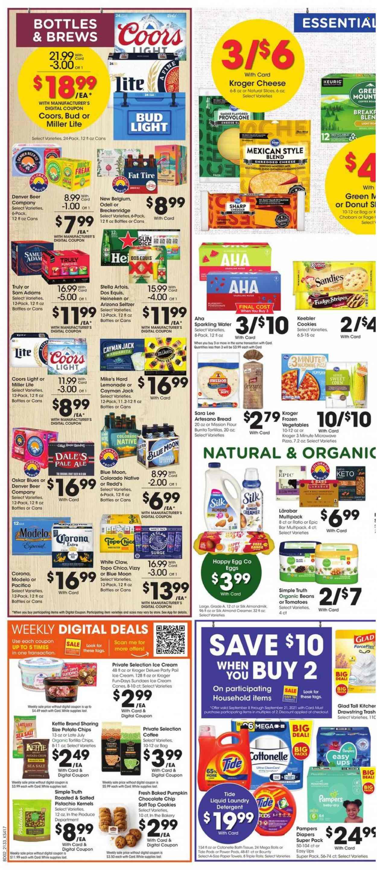 thumbnail - City Market Flyer - 09/15/2021 - 09/21/2021 - Sales products - bread, Sara Lee, Ace, donut, corn, pumpkin, sweet corn, pizza, burrito, shredded cheese, Provolone, Chobani, Silk, eggs, creamer, almond creamer, ice cream, cookies, fudge, Bounty, Keebler, tortilla chips, potato chips, lemonade, AriZona, seltzer water, sparkling water, coffee, Keurig, White Claw, TRULY, beer, Bud Light, Corona Extra, Heineken, Modelo, Pampers, nappies, bath tissue, Cottonelle, kitchen towels, paper towels, detergent, Tide, Miller Lite, Stella Artois, Coors, Dos Equis, Blue Moon. Page 5.