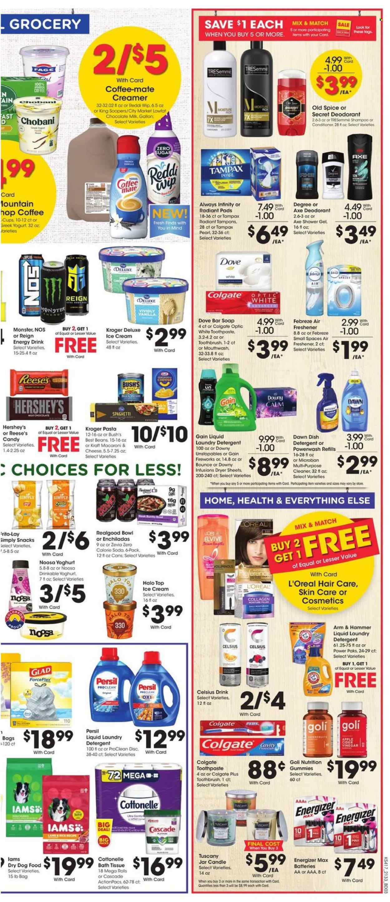 thumbnail - City Market Flyer - 09/15/2021 - 09/21/2021 - Sales products - enchiladas, macaroni & cheese, spaghetti, pasta, Kraft®, yoghurt, Chobani, Coffee-Mate, milk, creamer, ice cream, Reese's, Hershey's, milk chocolate, snack, Frito-Lay, ARM & HAMMER, spice, apple cider vinegar, vinegar, energy drink, Monster, soda, Dove, bath tissue, Cottonelle, detergent, Febreze, Gain, cleaner, Cascade, Unstopables, Persil, laundry detergent, dryer sheets, Gain Fireworks, Downy Laundry, shampoo, shower gel, Old Spice, soap bar, soap, Colgate, toothbrush, toothpaste, mouthwash, Tampax, tampons, Always Infinity, L’Oréal, conditioner, TRESemmé, anti-perspirant, deodorant, cup, bowl, candle, air freshener, battery, Energizer, animal food, dog food, dry dog food, Iams. Page 6.