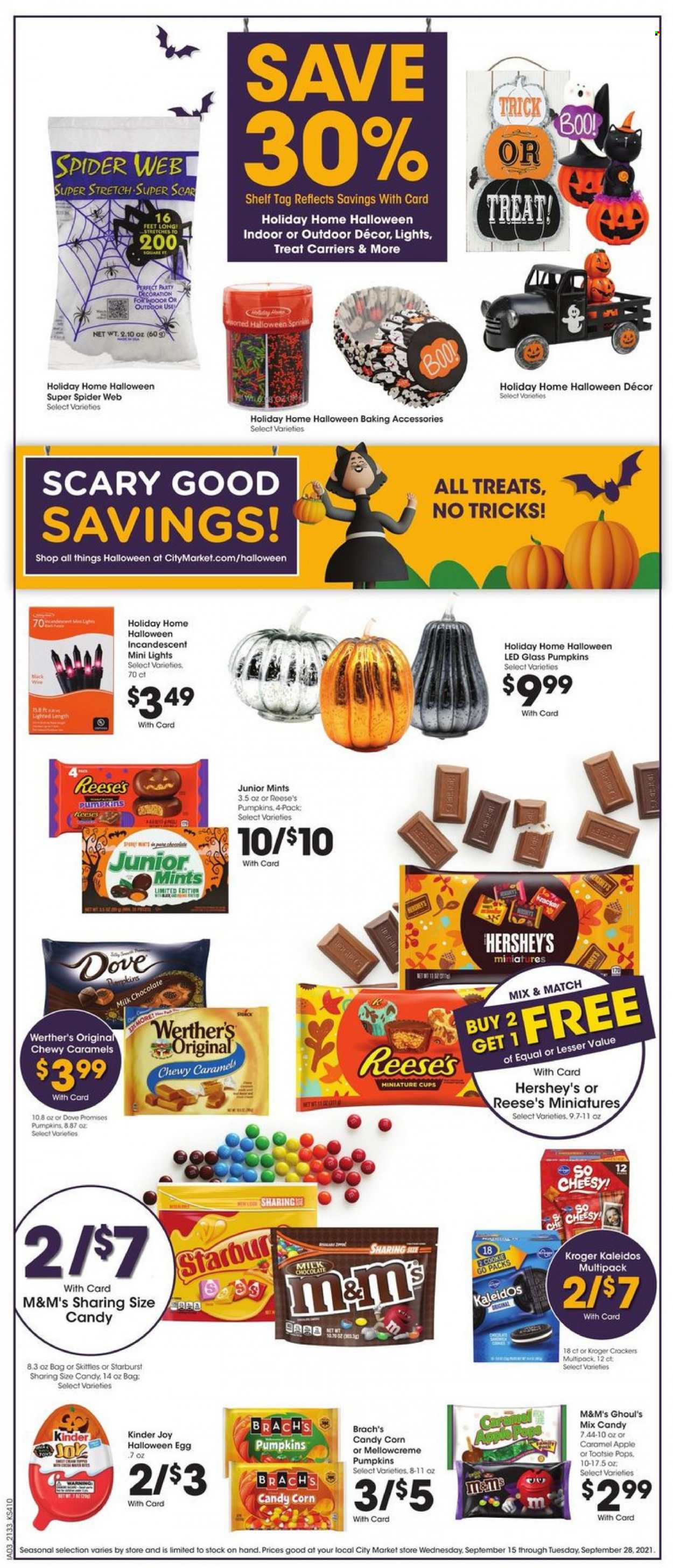 thumbnail - City Market Flyer - 09/15/2021 - 09/21/2021 - Sales products - corn, pumpkin, eggs, Reese's, Hershey's, milk chocolate, chocolate, Kinder Joy, M&M's, crackers, Skittles, Starburst, wine, Dove, baking accessories, cup. Page 9.