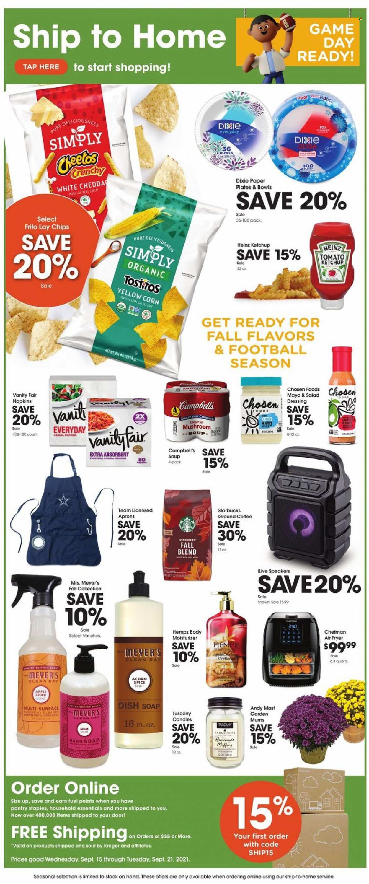 thumbnail - City Market Flyer - 09/15/2021 - 09/21/2021 - Sales products - corn, Campbell's, mushroom soup, soup, mayonnaise, Cheetos, chips, Tostitos, Heinz, spice, salad dressing, ketchup, dressing, coffee, Starbucks, ground coffee, apple cider, cider, napkins, cleaner, hand soap, soap, moisturizer, Mum, Dixie, plate, paper, candle, paper plate, Chefman, air fryer. Page 1.