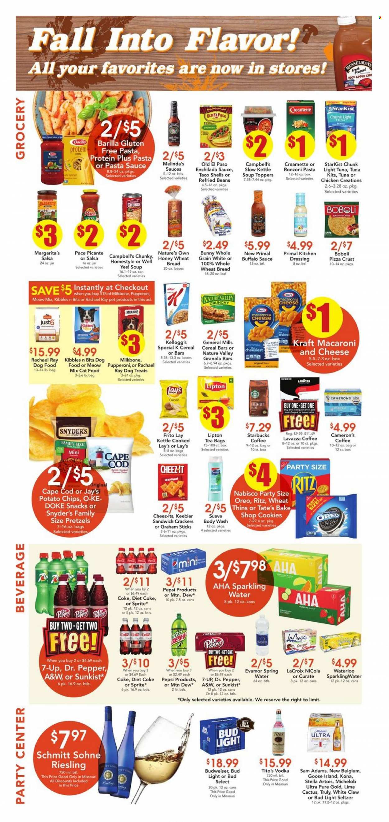 thumbnail - Dierbergs Flyer - 09/14/2021 - 09/20/2021 - Sales products - wheat bread, pretzels, Old El Paso, cod, StarKist, Campbell's, macaroni & cheese, pizza, pasta sauce, soup, Barilla, Kraft®, milk, cookies, snack, cereal bar, crackers, Kellogg's, Keebler, RITZ, potato chips, chips, Lay’s, Thins, enchilada sauce, refried beans, light tuna, cereals, granola bar, Nature Valley, Creamette, dressing, salsa, Coca-Cola, Mountain Dew, Sprite, Pepsi, Lipton, Dr. Pepper, Diet Coke, 7UP, A&W, spring water, tea bags, coffee, Starbucks, Keurig, Lavazza, Riesling, white wine, vodka, White Claw, Hard Seltzer, TRULY, beer, Bud Light, cactus, Nature's Own, Budweiser, Stella Artois, Michelob. Page 3.