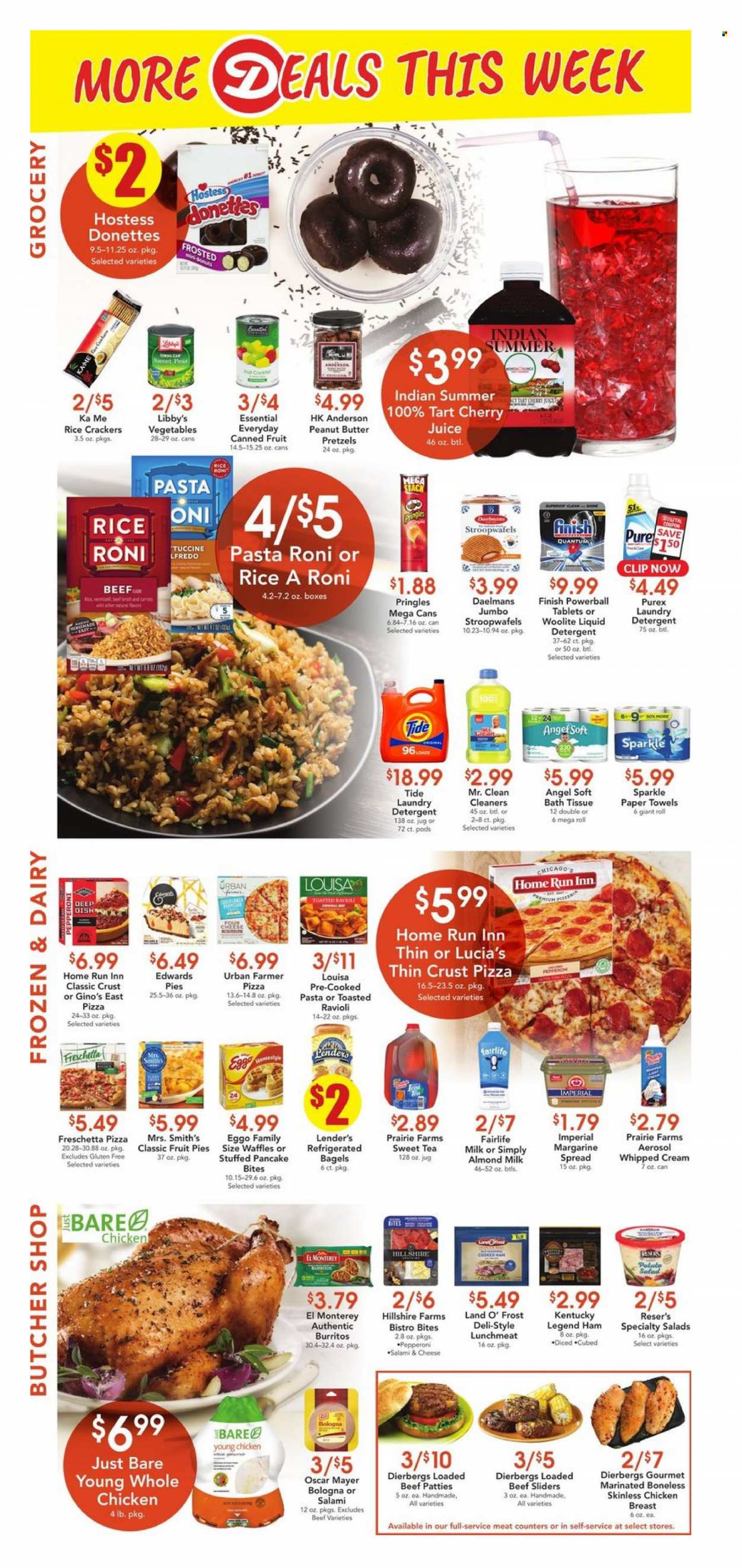 thumbnail - Dierbergs Flyer - 09/14/2021 - 09/20/2021 - Sales products - bagels, pretzels, tart, donut, waffles, peas, salad, cherries, ravioli, pizza, pancakes, burrito, salami, ham, bologna sausage, Oscar Mayer, pepperoni, lunch meat, almond milk, margarine, whipped cream, chicken bites, crackers, Pringles, Smith's, rice crackers, canned fruit, peanut butter, juice, tea, whole chicken. Page 6.