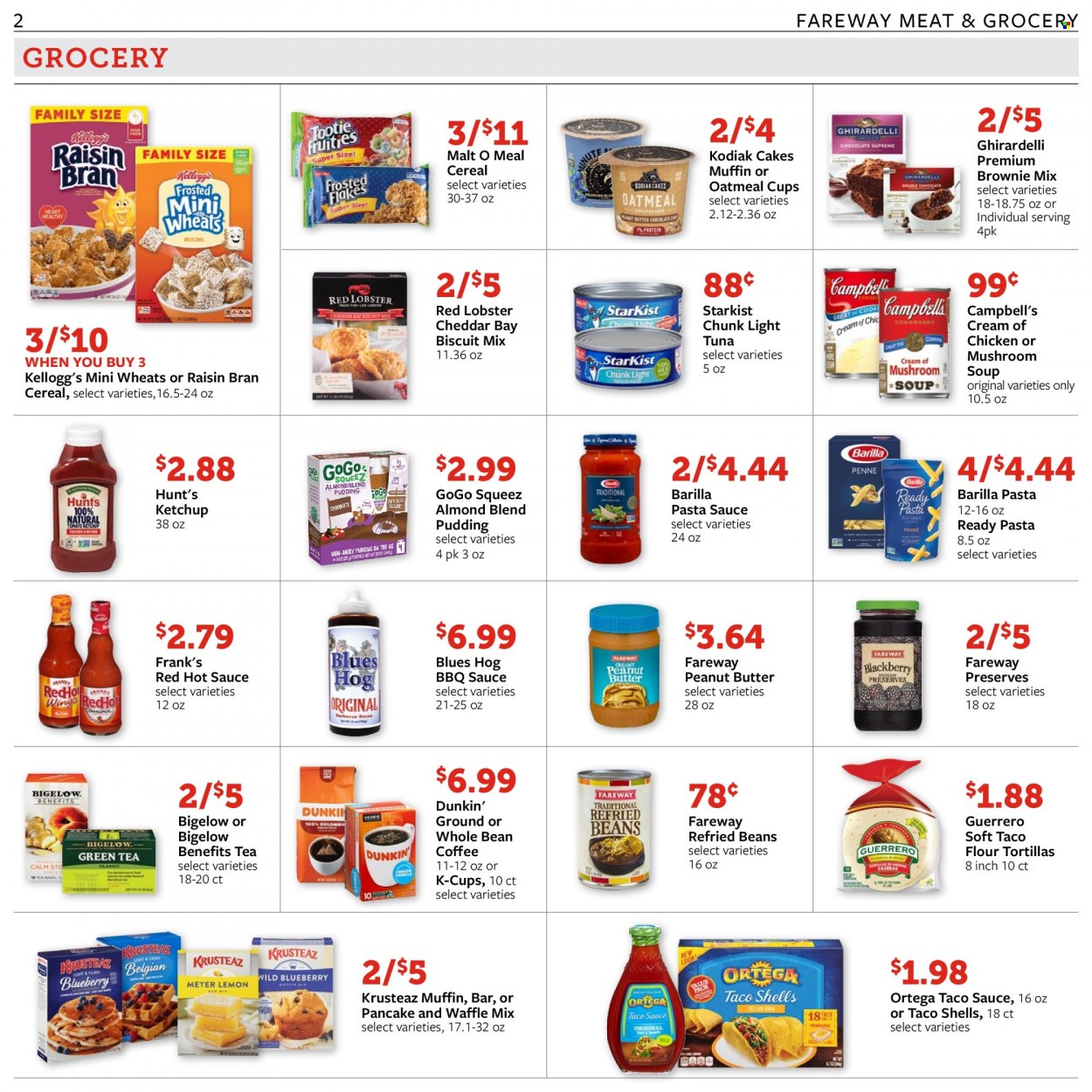 thumbnail - Fareway Flyer - 09/14/2021 - 09/20/2021 - Sales products - tortillas, cake, flour tortillas, brownie mix, lobster, tuna, StarKist, Campbell's, mushroom soup, pasta sauce, soup, Barilla, cheddar, cheese, pudding, Kellogg's, biscuit, Ghirardelli, oatmeal, malt, refried beans, light tuna, cereals, Raisin Bran, BBQ sauce, taco sauce, hot sauce, ketchup, peanut butter, tea, coffee, coffee capsules, K-Cups. Page 2.
