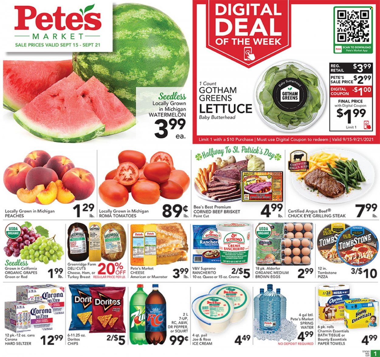 thumbnail - Pete's Fresh Market Flyer - 09/15/2021 - 09/21/2021 - Sales products - lettuce, grapes, watermelon, pizza, ham, corned beef, Münster cheese, eggs, ice cream, Bounty, Doritos, chips, Dr. Pepper, 7UP, A&W, spring water, Hard Seltzer, beer, Corona Extra, turkey breast, beef meat, steak, beef brisket, peaches. Page 1.