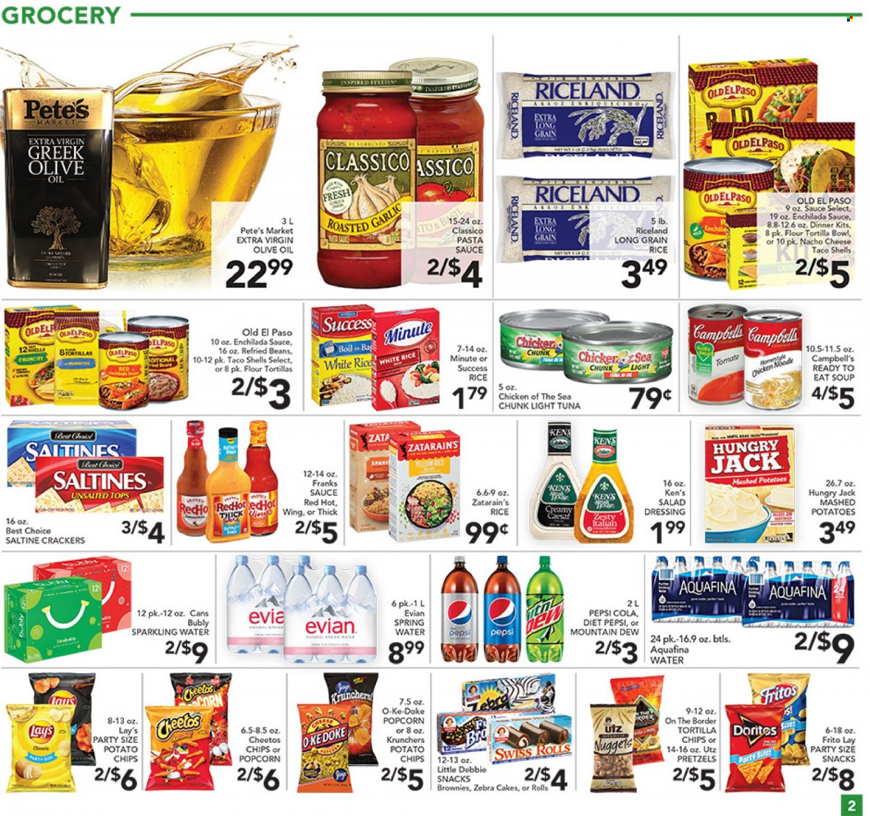 thumbnail - Pete's Fresh Market Flyer - 09/15/2021 - 09/21/2021 - Sales products - pretzels, cake, Old El Paso, flour tortillas, corn, garlic, tuna, Campbell's, mashed potatoes, pasta sauce, soup, nuggets, dinner kit, snack, crackers, Doritos, Fritos, tortilla chips, potato chips, Cheetos, chips, Lay’s, popcorn, enchilada sauce, refried beans, light tuna, Chicken of the Sea, rice, white rice, long grain rice, salad dressing, dressing, Classico, extra virgin olive oil, olive oil, oil, Mountain Dew, Pepsi, Diet Pepsi, Aquafina, spring water, sparkling water, Evian. Page 2.