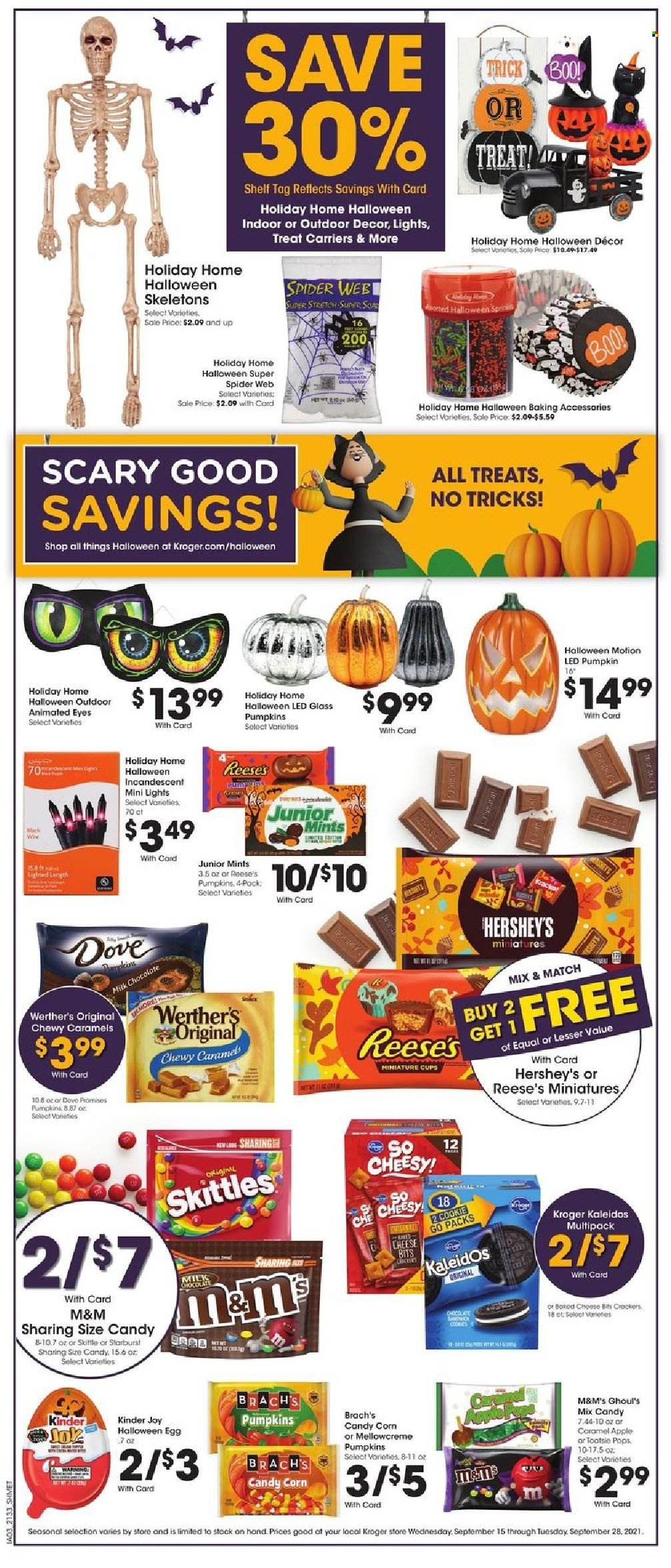 thumbnail - Kroger Flyer - 09/15/2021 - 09/21/2021 - Sales products - corn, pumpkin, sandwich, cheese, eggs, Reese's, Hershey's, milk chocolate, chocolate, Kinder Joy, M&M's, Skittles, Starburst, wine, Dove, baking accessories, cup. Page 9.