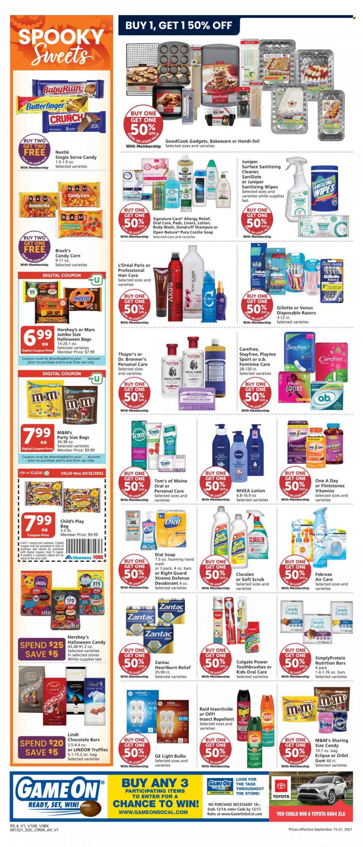 thumbnail - Vons Flyer - 09/15/2021 - 09/21/2021 - Sales products - corn, Reese's, Hershey's, Nestlé, Orbit, Lindt, Lindor, Mars, truffles, M&M's, chocolate bar, sea salt, nutrition bar, wipes, Febreze, surface cleaner, cleaner, bleach, antiseptic wipes, body wash, shampoo, hand wash, soap bar, Dial, soap, Colgate, Stayfree, Playtex, Carefree, L’Oréal, Nivea, body lotion, anti-perspirant, deodorant, Gillette, Venus, disposable razor, bakeware, bulb, light bulb, Zantac, Prenatal, allergy relief. Page 4.