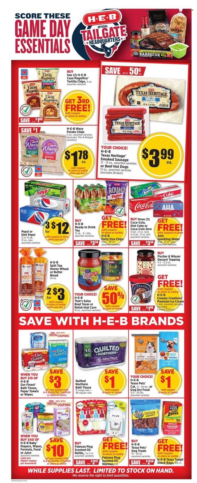 thumbnail - H-E-B Flyer - 09/15/2021 - 09/21/2021 - Sales products - bread, corn, hot dog, smoked sausage, Creamy Creations, strips, tortilla chips, potato chips, chips, topping, salsa, oil, Coca-Cola, Sprite, Pepsi, juice, Diet Pepsi, Diet Coke, Coca-Cola zero, sparkling water, green tea, tea, wipes, nappies, bath tissue, Quilted Northern, kitchen towels, paper towels, Febreze, bag, scented oil, Fischer. Page 2.