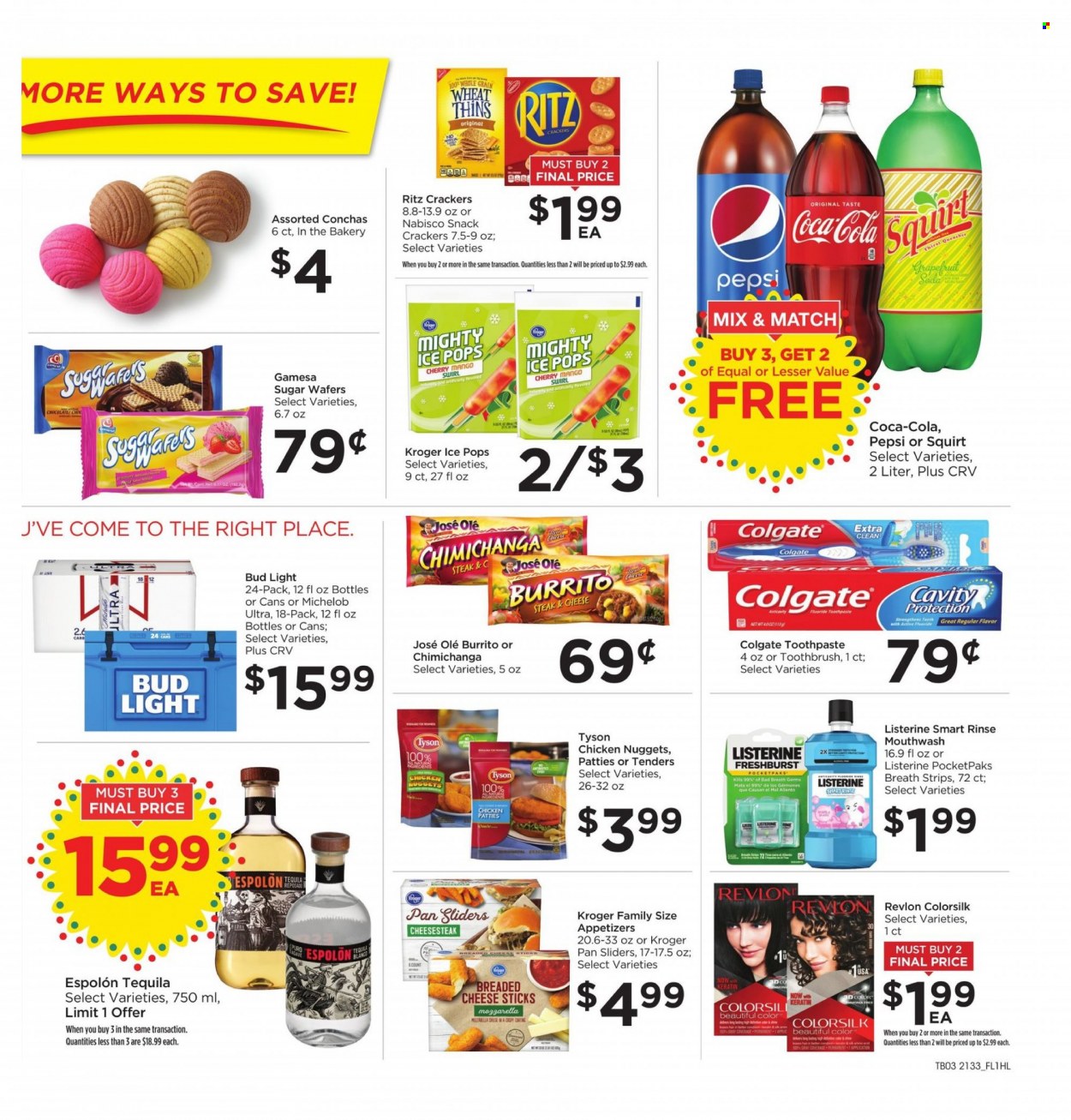 thumbnail - Food 4 Less Flyer - 09/15/2021 - 09/21/2021 - Sales products - mango, cherries, nuggets, chicken nuggets, burrito, mozzarella, cheese, strips, chicken patties, cheese sticks, wafers, chocolate, snack, crackers, RITZ, Thins, Coca-Cola, Pepsi, tequila, beer, Bud Light, steak, Colgate, Listerine, toothbrush, toothpaste, mouthwash, Revlon, keratin, pan, Michelob. Page 3.