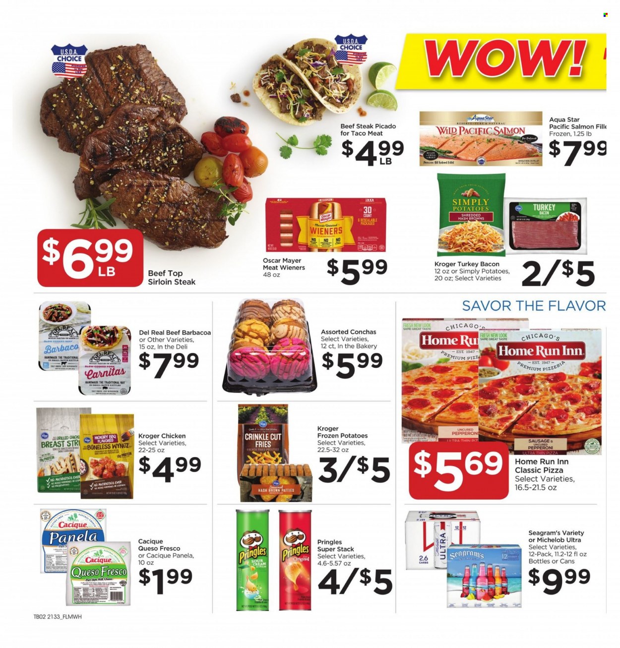 thumbnail - Food 4 Less Flyer - 09/15/2021 - 09/21/2021 - Sales products - potatoes, salmon, pizza, bacon, turkey bacon, Oscar Mayer, sausage, pepperoni, queso fresco, potato fries, Pringles, beer, beef meat, beef sirloin, beef steak, steak, sirloin steak, Michelob. Page 2.