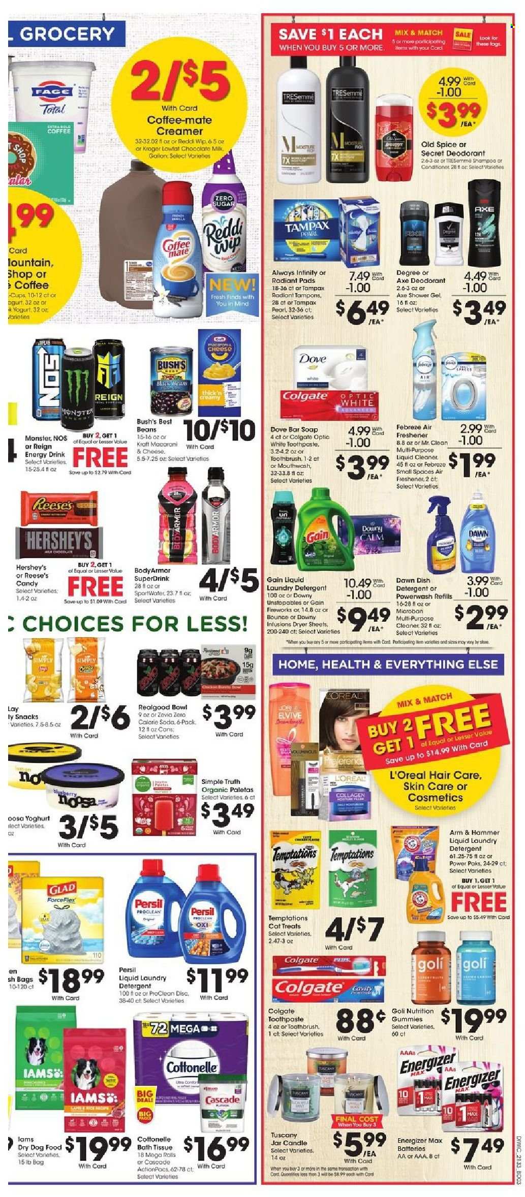 thumbnail - Dillons Flyer - 09/15/2021 - 09/21/2021 - Sales products - cod, Kraft®, yoghurt, Coffee-Mate, milk, creamer, Reese's, Hershey's, milk chocolate, chocolate, snack, ARM & HAMMER, spice, energy drink, Monster, soda, Dove, bath tissue, Cottonelle, detergent, Febreze, Gain, cleaner, liquid cleaner, Cascade, Unstopables, Persil, laundry detergent, dryer sheets, Gain Fireworks, Downy Laundry, shampoo, shower gel, Old Spice, soap bar, soap, Colgate, toothbrush, toothpaste, mouthwash, Tampax, tampons, Always Infinity, L’Oréal, conditioner, TRESemmé, anti-perspirant, deodorant, cup, bowl, candle, air freshener, battery, Energizer, animal food, dog food, dry dog food, Iams. Page 6.