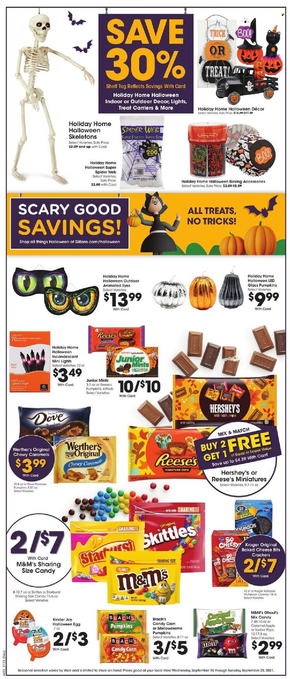 thumbnail - Dillons Flyer - 09/15/2021 - 09/21/2021 - Sales products - corn, pumpkin, cheese, eggs, Reese's, Hershey's, cookies, chocolate, Kinder Joy, M&M's, crackers, Skittles, Starburst, Dove, baking accessories, cup. Page 9.
