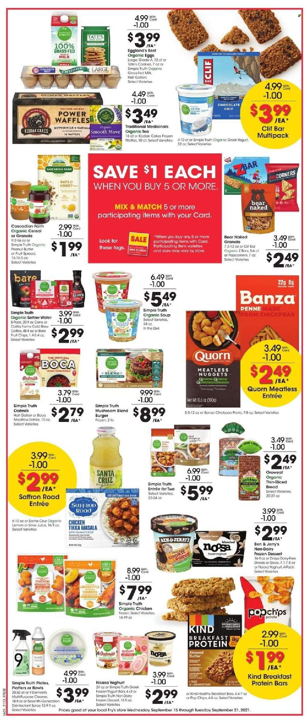 thumbnail - Fry’s Flyer - 09/15/2021 - 09/21/2021 - Sales products - mushrooms, bread, cake, waffles, soup, nuggets, hamburger, pasta, greek yoghurt, milk, oat milk, eggs, almond butter, Ben & Jerry's, cookies, chocolate, cereals, granola, protein bar, chickpeas, penne, honey, peanut butter, seltzer water, tea, coffee, cleaner, plate. Page 3.