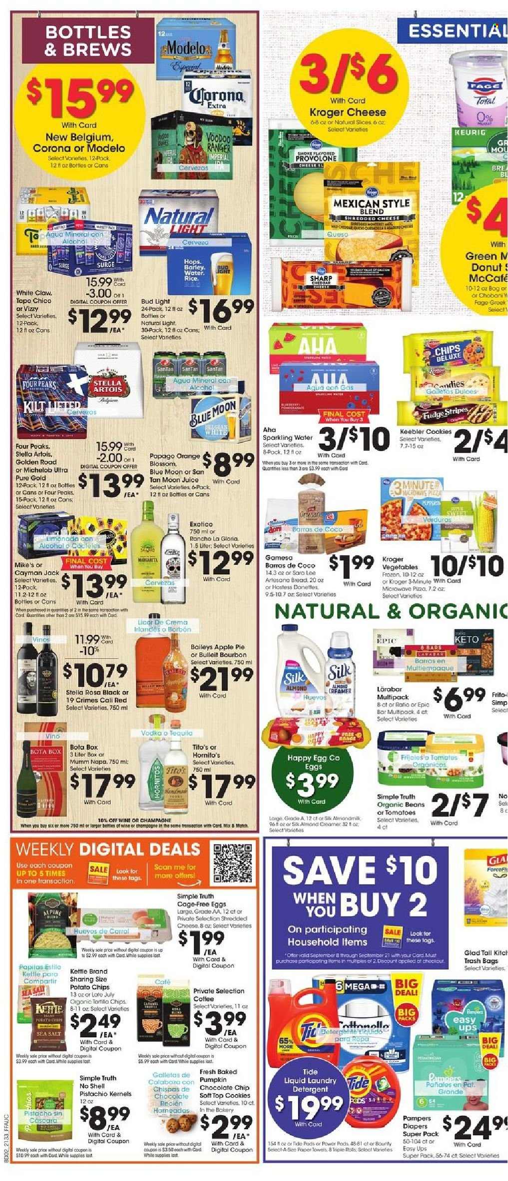 thumbnail - Fry’s Flyer - 09/15/2021 - 09/21/2021 - Sales products - Apple, pie, apple pie, donut, tomatoes, pumpkin, oranges, shredded cheese, Provolone, Chobani, Silk, eggs, cage free eggs, Blossom, creamer, cookies, fudge, Bounty, Keebler, potato chips, juice, sparkling water, coffee, McCafe, Keurig, champagne, wine, alcohol, bourbon, tequila, vodka, Baileys, White Claw, beer, Bud Light, Corona Extra, Modelo, Pampers, nappies, detergent, Tide, trash bags, Sharp, towel, microwave, Stella Artois, Blue Moon, Michelob. Page 5.