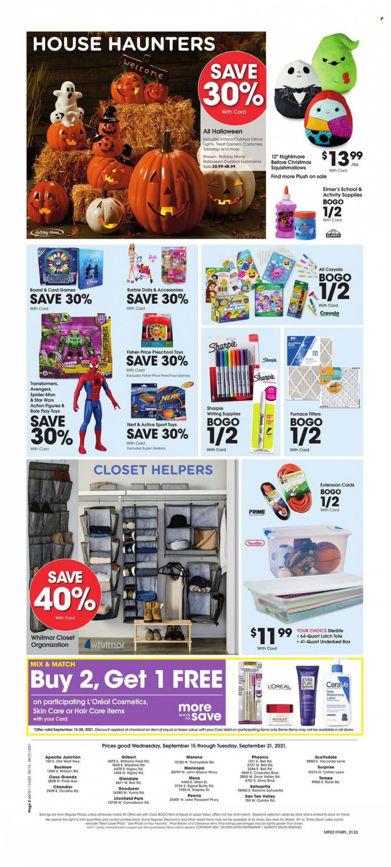 thumbnail - Fry’s Flyer - 09/15/2021 - 09/21/2021 - Sales products - Gilbert, Avengers, Dove, Signal, CeraVe, L’Oréal, body lotion, Barbie, crayons, Sharpie, writing supplies, Nerf. Page 2.