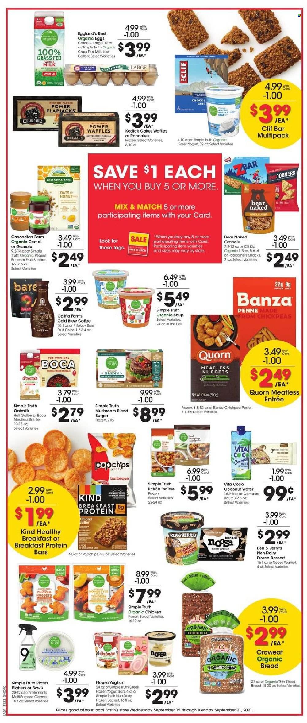 thumbnail - Smith's Flyer - 09/15/2021 - 09/21/2021 - Sales products - mushrooms, bread, cake, waffles, soup, nuggets, hamburger, pasta, chicken nuggets, greek yoghurt, milk, eggs, almond butter, Ben & Jerry's, snack, Smith's, cereals, granola, protein bar, chickpeas, penne, honey, peanut butter, coconut water, coffee, cleaner, plate. Page 3.