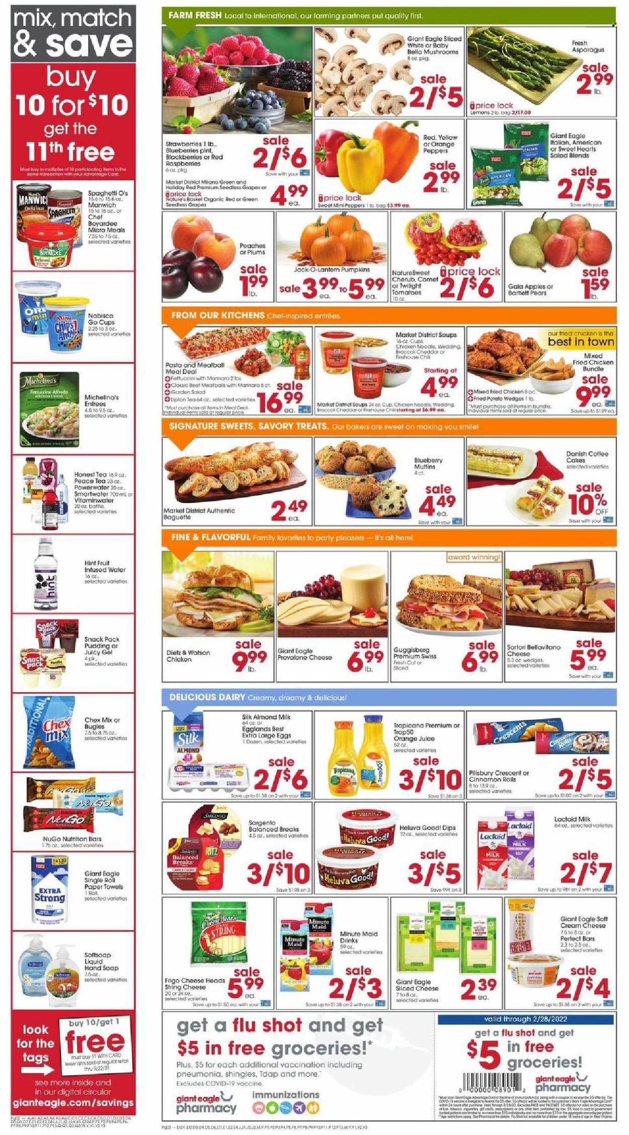thumbnail - Giant Eagle Flyer - 09/16/2021 - 09/22/2021 - Sales products - mushrooms, Bartlett pears, seedless grapes, plums, baguette, cake, cinnamon roll, asparagus, pumpkin, salad, peppers, apples, blackberries, blueberries, Gala, grapes, strawberries, pears, spaghetti, pasta, fried chicken, Pillsbury, noodles, Dietz & Watson, cream cheese, Lactaid, sliced cheese, string cheese, cheese, Provolone, Sargento, BellaVitano, pudding, milk, Silk, large eggs, potato wedges, RITZ, Chex Mix, Manwich, nutrition bar, orange juice, juice, fruit punch, Smartwater, tea, gin, beer, kitchen towels, paper towels, Softsoap, hand soap, soap, basket, cup, Bakers, lemons, peaches. Page 2.