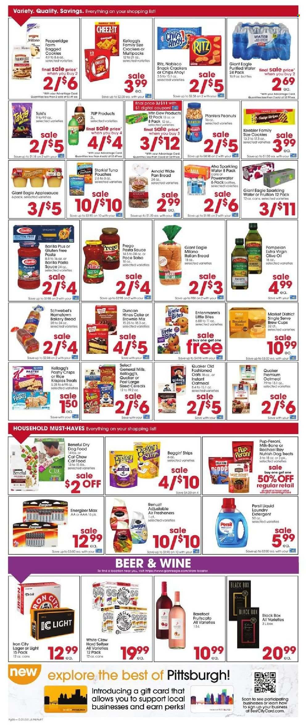 thumbnail - Giant Eagle Flyer - 09/16/2021 - 09/22/2021 - Sales products - bread, cake, Entenmann's, brownie mix, StarKist, pasta sauce, sauce, Barilla, Quaker, strips, cookies, snack, crackers, Kellogg's, Chips Ahoy!, Little Bites, Keebler, RITZ, chips, Cheez-It, oatmeal, cereals, Rice Krispies, salsa, extra virgin olive oil, olive oil, oil, apple sauce, peanuts, Planters, Mountain Dew, 7UP, sparkling water, purified water, breakfast blend, Fruitscato, Ron Pelicano, White Claw, Hard Seltzer, beer, Lager, detergent, Snuggle, Persil, laundry detergent, pan, cup, Renuzit, air freshener, Energizer, animal food, cat food, dog food, dry dog food, Pup-Peroni, Beggin', Nutrish. Page 4.