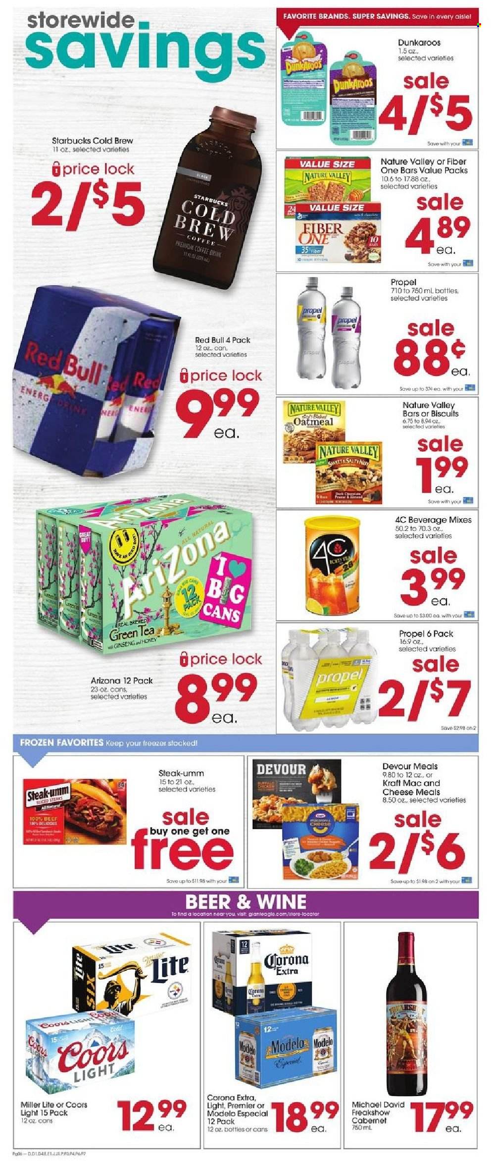 thumbnail - Giant Eagle Flyer - 09/16/2021 - 09/22/2021 - Sales products - macaroni & cheese, Kraft®, Devour, biscuit, oatmeal, Nature Valley, Fiber One, honey, Red Bull, AriZona, green tea, tea, coffee, Starbucks, Cabernet Sauvignon, wine, beer, Corona Extra, Modelo, steak, ginseng, Miller Lite, Coors. Page 5.