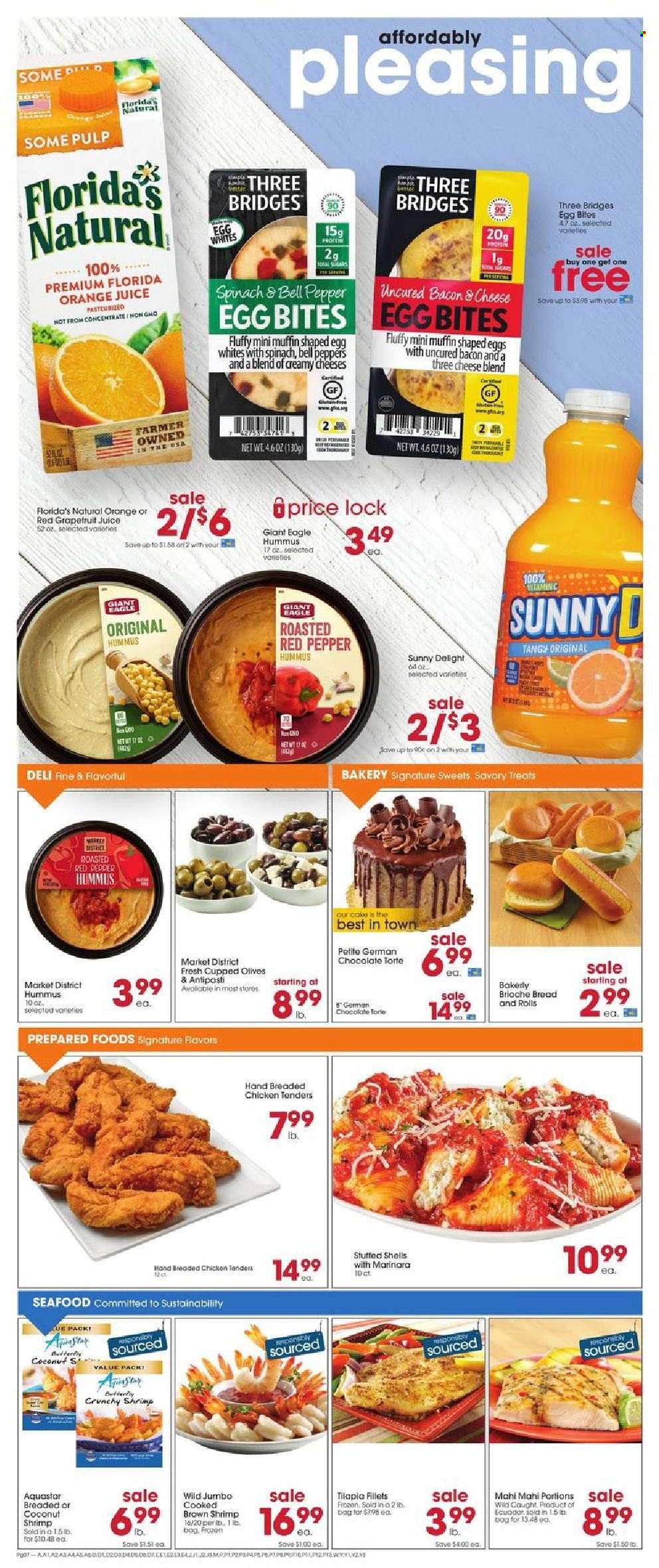 thumbnail - Giant Eagle Flyer - 09/16/2021 - 09/22/2021 - Sales products - bread, cake, brioche, muffin, mahi mahi, tilapia, seafood, shrimps, fried chicken, bacon, hummus, eggs, chocolate, Florida's Natural, olives, orange juice, juice, vitamin c. Page 6.