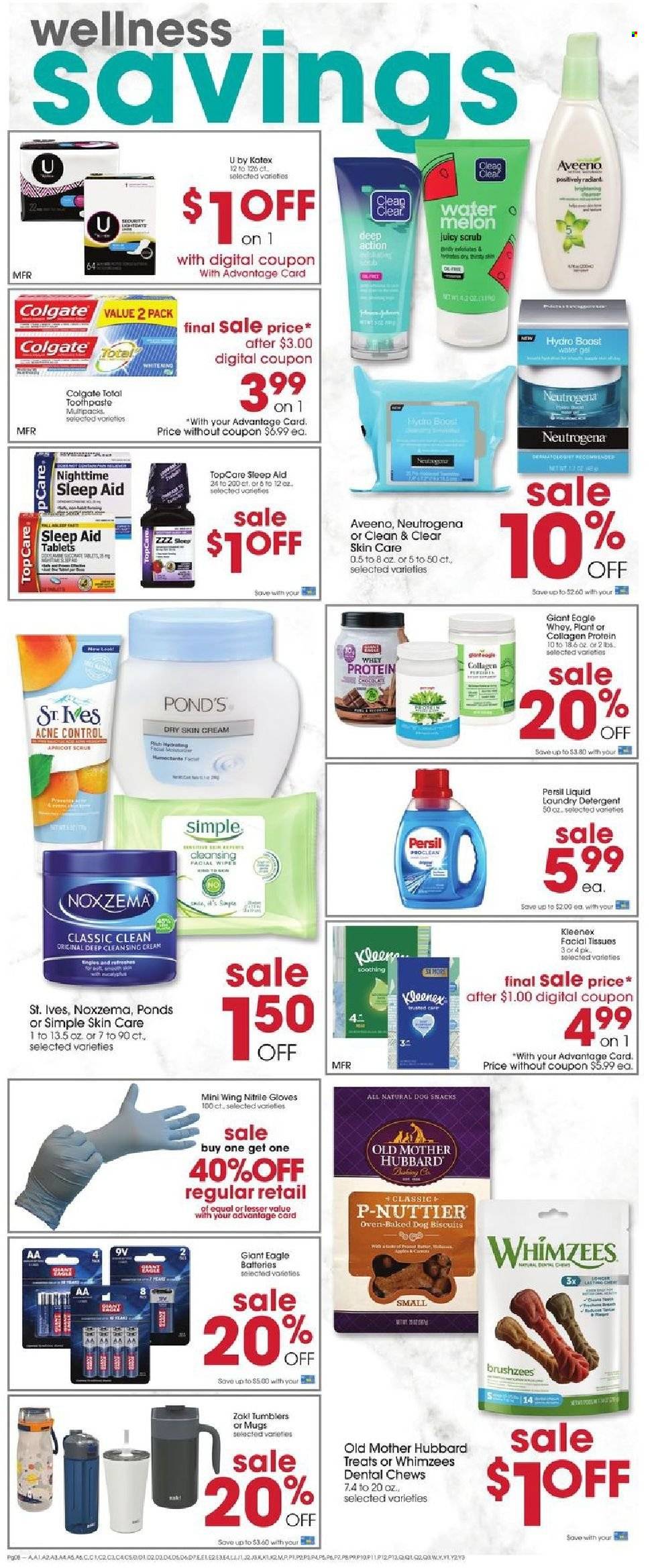 thumbnail - Giant Eagle Flyer - 09/16/2021 - 09/22/2021 - Sales products - carp, snack, chewing gum, Boost, Aveeno, Kleenex, tissues, detergent, Persil, POND'S, Colgate, Kotex, facial tissues, Neutrogena, Clean & Clear, gloves, tumbler, battery, dental chews, Whimzees, whey protein, melons. Page 7.