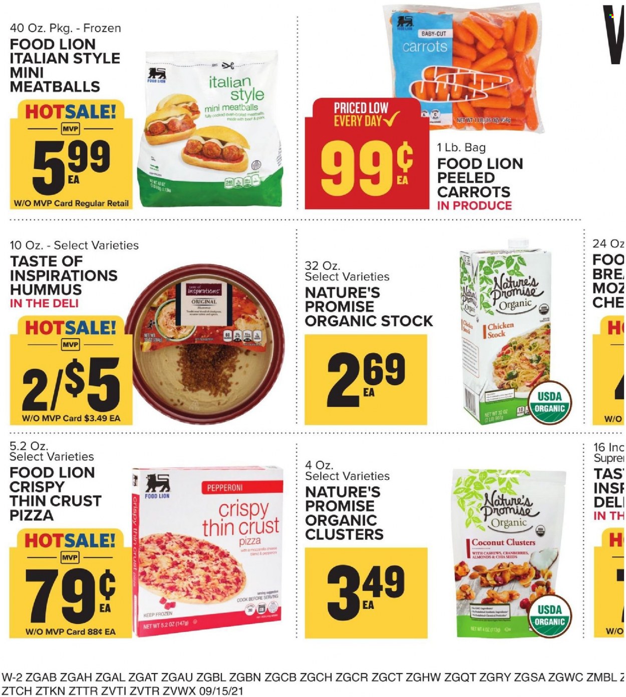thumbnail - Food Lion Flyer - 09/15/2021 - 09/21/2021 - Sales products - Nature’s Promise, carrots, coconut, pizza, meatballs, pepperoni, hummus, cranberries, chia seeds, almonds, cashews. Page 11.