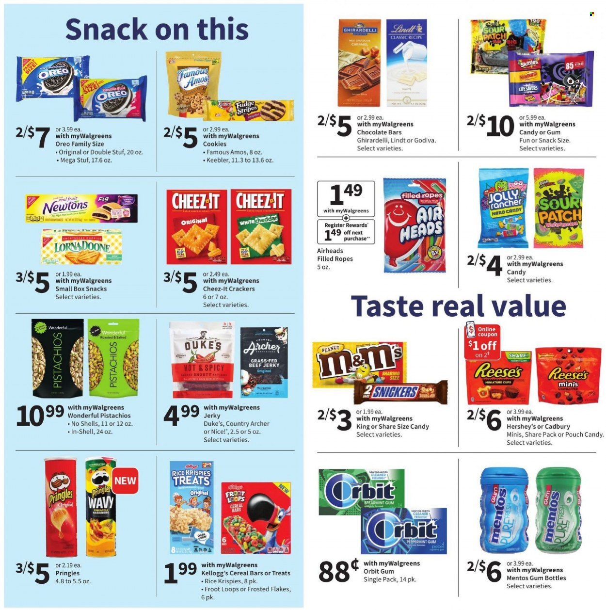 thumbnail - Walgreens Flyer - 09/19/2021 - 09/25/2021 - Sales products - beef jerky, jerky, cheese, Oreo, Reese's, Hershey's, cookies, milk chocolate, Orbit, Mentos, Lindt, Snickers, M&M's, Godiva, cereal bar, AirHeads, crackers, Kellogg's, Cadbury, Skittles, Ghirardelli, Keebler, Sour Patch, chocolate bar, Pringles, Nice!, Cheez-It, cereals, Rice Krispies, Frosted Flakes, caramel, pistachios, cleaner. Page 5.