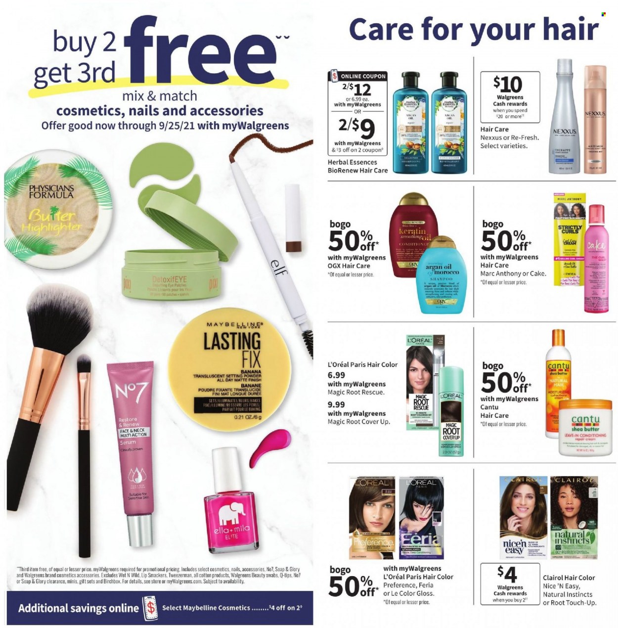 thumbnail - Walgreens Flyer - 09/19/2021 - 09/25/2021 - Sales products - cake, shampoo, soap, L’Oréal, serum, OGX, Root Touch-Up, Clairol, conditioner, hair color, Nexxus, Herbal Essences, keratin, shea butter, Elf, argan oil. Page 8.