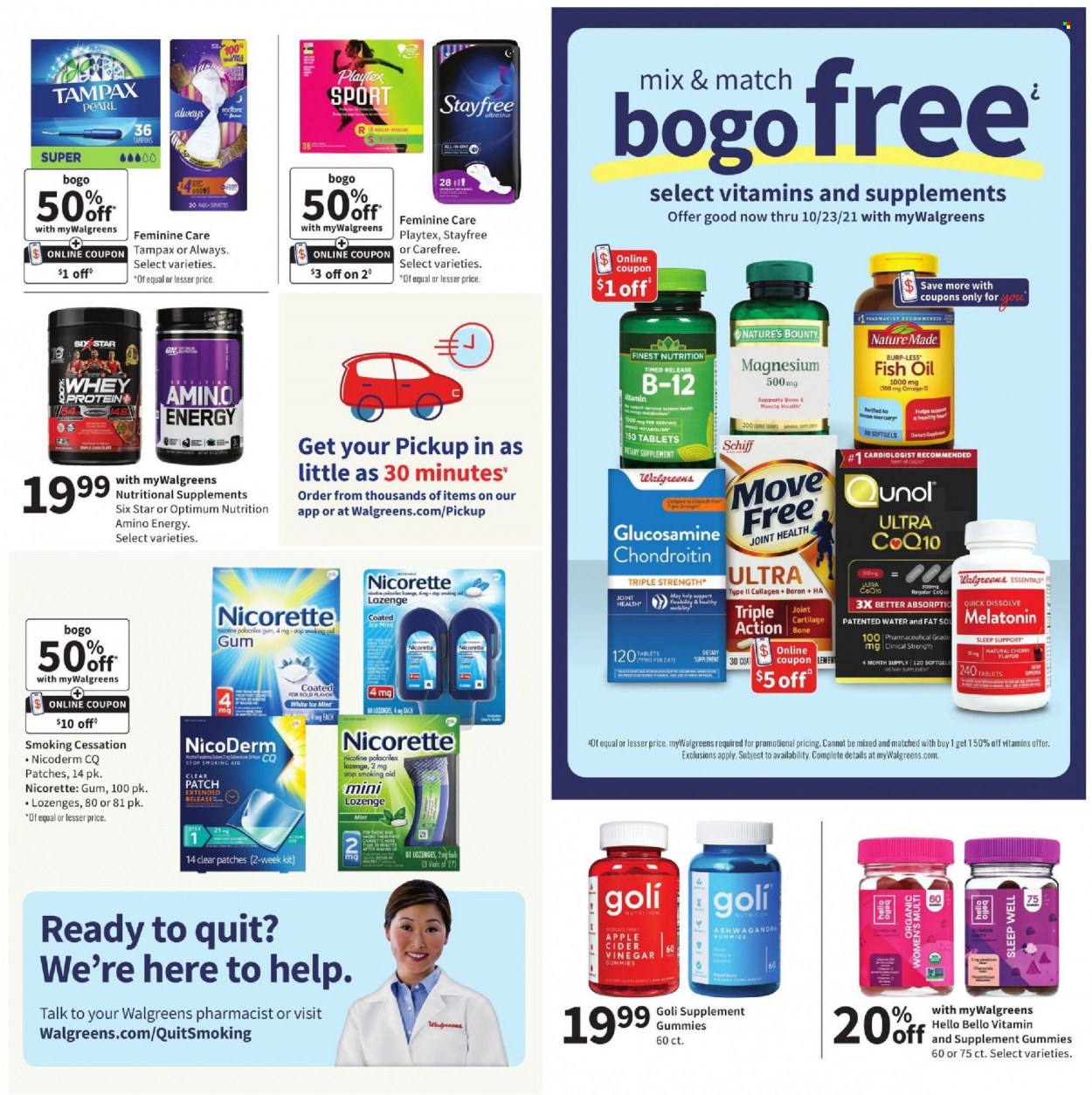 thumbnail - Walgreens Flyer - 09/19/2021 - 09/25/2021 - Sales products - Stayfree, Tampax, Playtex, Carefree, tampons, Optimum, apple cider vinegar, fish oil, glucosamine, magnesium, Nature Made, Nature's Bounty, NicoDerm, Nicorette, Qunol, dietary supplement. Page 10.