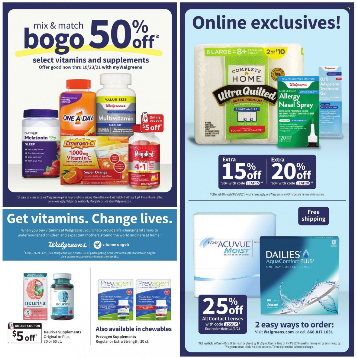 thumbnail - Walgreens Flyer - 09/19/2021 - 09/25/2021 - Sales products - Bounty, kitchen towels, paper towels, MegaRed, multivitamin, Natrol, vitamin c, Omega-3, Emergen-C, Centrum, nasal spray, allergy relief, dietary supplement, lenses, contact lenses. Page 11.