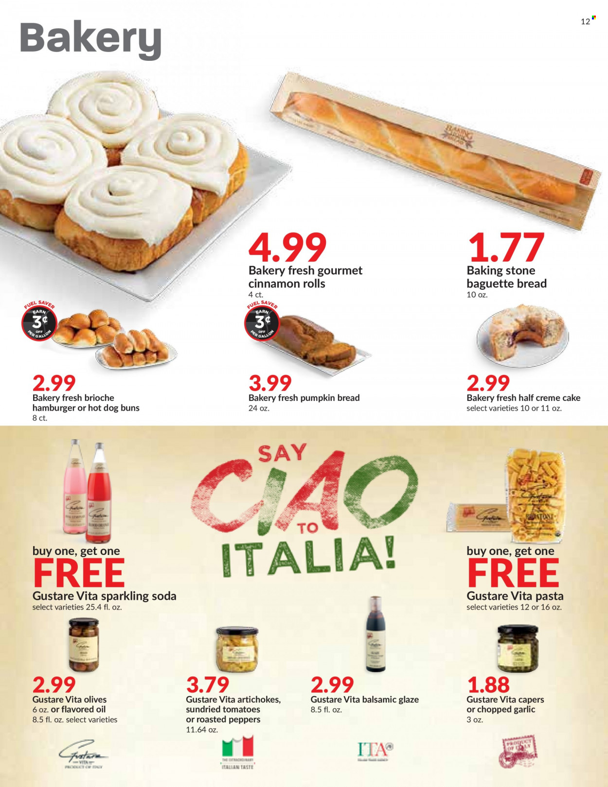 thumbnail - Hy-Vee Flyer - 09/15/2021 - 09/21/2021 - Sales products - baguette, bread, cake, buns, brioche, cinnamon roll, cream pie, artichoke, garlic, pumpkin, peppers, pasta, capers, dried tomatoes, olives, balsamic glaze, oil, soda. Page 12.
