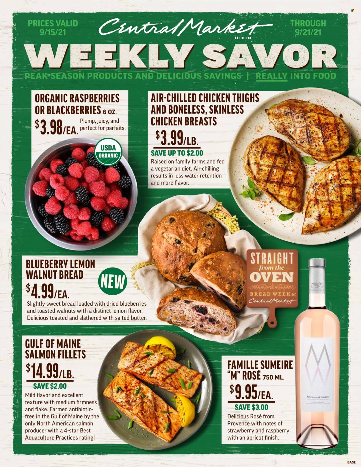 thumbnail - Central Market Flyer - 09/15/2021 - 09/21/2021 - Sales products - bread, sweet bread, blackberries, blueberries, salmon, salmon fillet, butter, salted butter, walnuts, wine, rosé wine, chicken breasts, chicken thighs, rose. Page 1.